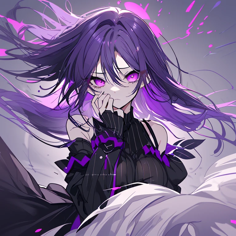1 girl、Mature、Ample breasts、Purple Hair、Long Hair、Black Dress、Shoulder Bare、Hair blowing in the wind、Bust-up perspective、Sad expression、Black Noise、error、High resolution、highest quality、Jewel-like eyes