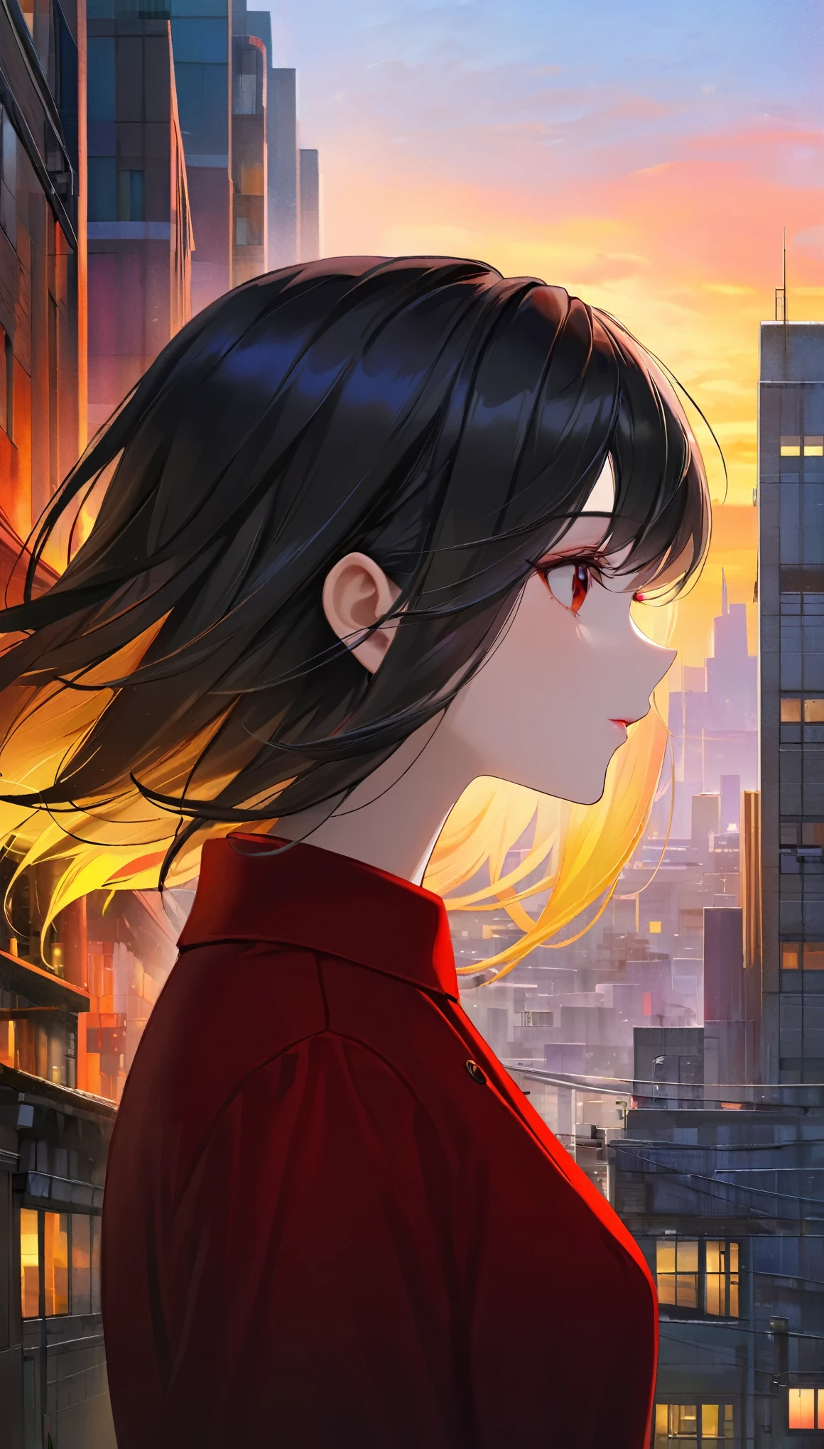 Photorealistic、Exquisitely detailed、Captivating woman、Profile portrait、solo、Landscape、Posing elegantly、Urban background with cityscape scene、Vibrant and colorful、dawn、No specific season、The embodiment of sophistication、Deep red lipstick、Red lips、30 years old、Mysterious、Professional Attitude、Showing off a distinctive mole near her chin、Molecules that emulate the elegance of Jessica Devic by Sandra Sichasliva、Straight black hair、 High resolution、masterpiece、highest quality、複雑なHigh detail、High detail、Sharp Focus、Detailed skin、リアルな肌のTexture、Texture、