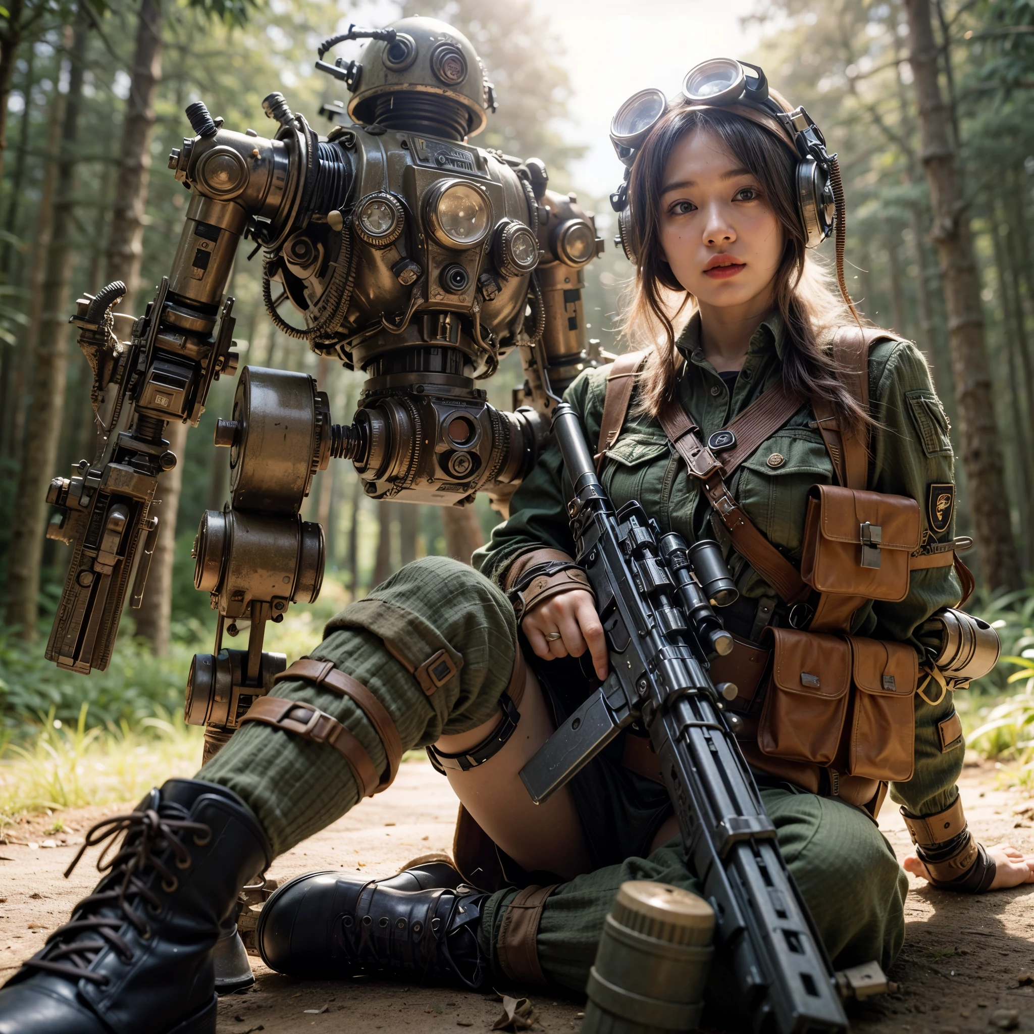 8K, Real Photo, Realistic Skin Texture, Super Realism, (WWII Era), (Mechanical Suit), Steampunk, Beautiful Forest Through Trees, Heavy Weapons, Vivid Textures, Beautiful Hair, Japanese Female Soldier, (Super Beautiful Face), Legs, ((Super Realistic All Textures)), ((Superall intricate details))), full body shot, super clear photo results, olive drab color, scratches, rust, weathering, sweat, action poses in motion, shot with Fujifilm X-T30 + Nokton. HDR10, minimum 4 images created.