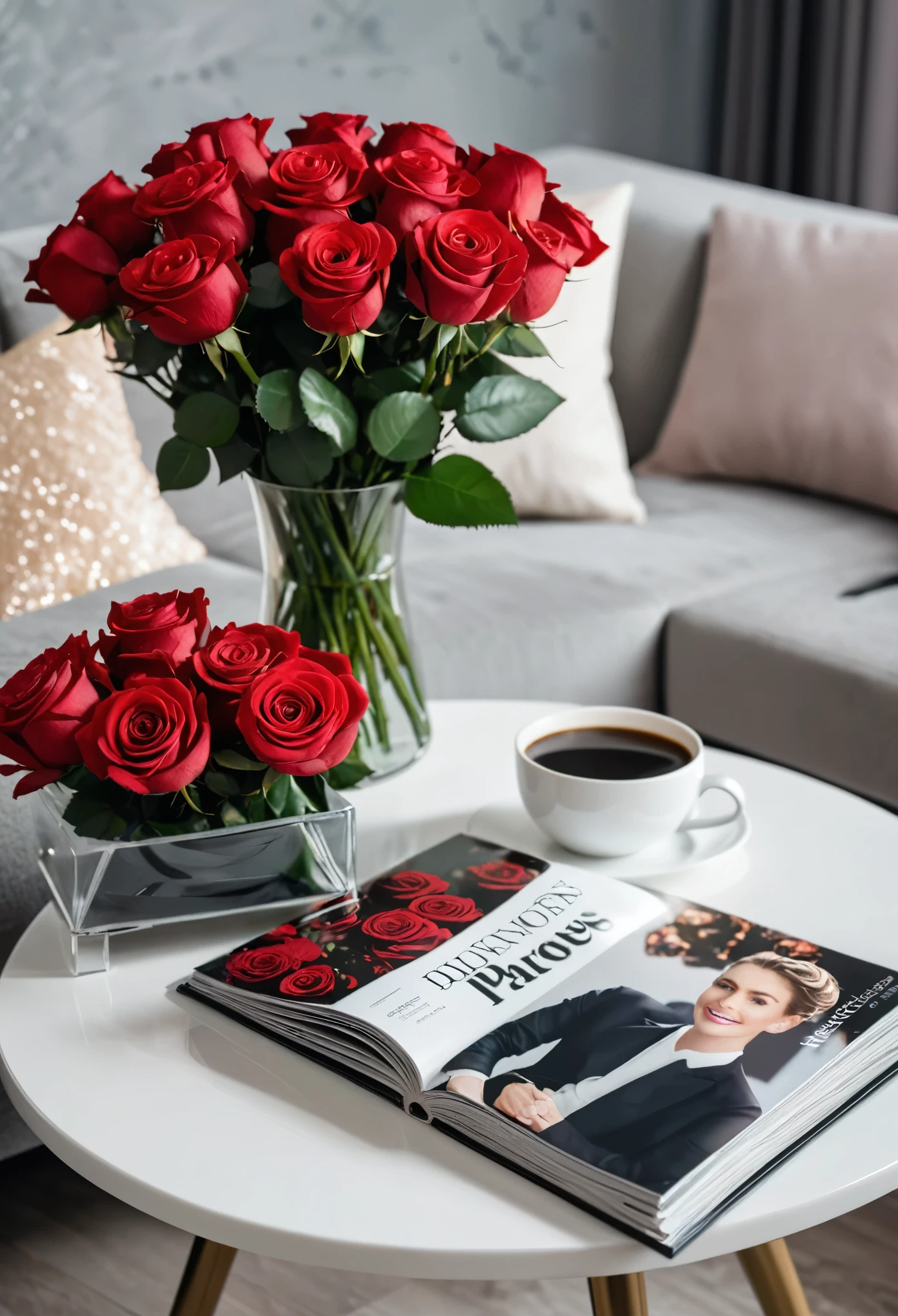 close-up of the coffee table on it
glossy magazine, bouquet of red roses in the background, 8k