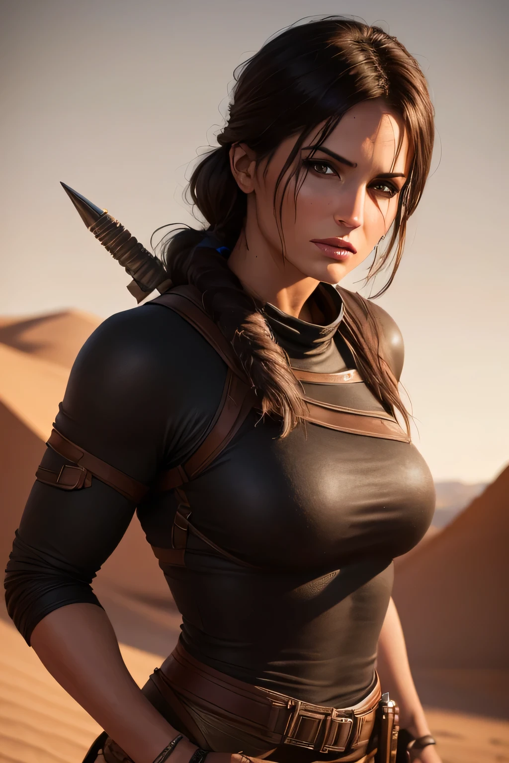 Lara Croft standing in a desert scene of the film Dune, DLSR, black clothes, sharp focus, soft lighting, photorealistic, masterpiece, perfect face, ultra detailed face, beautiful brown eyes, beautiful face, lean body, perfect anatomy