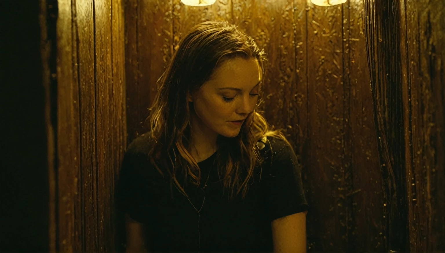 A tight shot of Emily meticulously cleaning a dusty confessional booth within a small, dimly lit room. The only light source is a single flickering candle, casting long, eerie shadows that dance across the worn wooden walls. Focus on Emily's facial expressions, a mixture of determination and growing unease. Close-up shots of the confessional booth reveal intricate carvings obscured by grime, hinting at a bygone era. As Emily cleans, barely audible whispers begin to emanate from the dark depths of the booth. The whispers grow steadily louder, becoming more persistent and unsettling. The confined space and the chilling whispers create a claustrophobic and oppressive atmosphere.
Emily is wearing a black T-shirt and a yellow short Jean skirt
Photo realistic, realism, 64K HD, 320,000 megapixel.