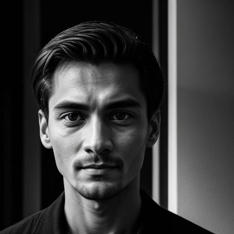 A man looks at me with a blank expression。The eyes are pixelated。The image is in black and white