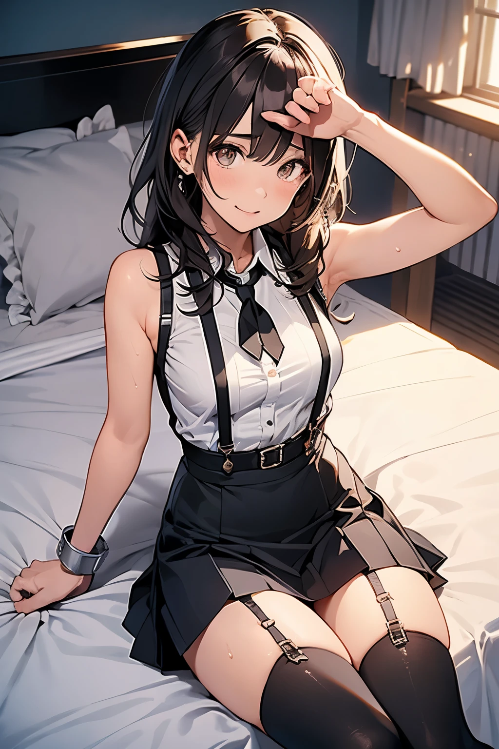 Staring at the audience Black suspenders bulging big breasts wall mini skirt garterbelt garter sight Small face holster Beautiful woman Show your hand Lying in bed sight Taunt side side汗 arm belt summer Armpit sweat handcuffs