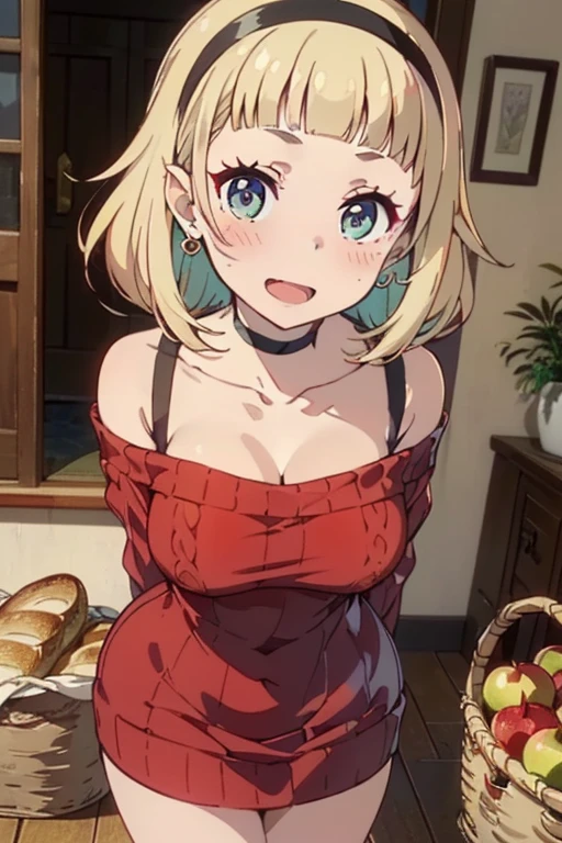 (perky chest:1.2), (pointed chest:1.2),(farmhouse entrance:1.3),(((Red Tunic:1.3))),(((apples and bread in the basket),Cute and beautiful girl,Cute round face,Cute smile,with blush cheeks,Red Lip,solo, looking at viewer, open mouth, have a cute glass of beergrass,black hair, dark green eyes, dress, bare shoulders,collarbone, sidelocks, hairband, earrings wih jewelry, indoors, off shoulder, sweater, arms behind back, plant, short hair with long locks, gild hairband, off-shoulder dress, sweater dress, off-shoulder sweater, black sweater, dark gord hair, big side hair, very long side hair,is rendered in (masterpiece: 1.2, best quality), with (ultra high resolution) and an exquisite (depth of field). ,(Bangs are see-through bangs),hair pin,hair adornments,detailed clothes features,Detailed hair features,detailed facial features,(Dynamic angles),(Dynamic and sexy poses),clothes that emphasize big breasts,Cinematic Light,(masutepiece,top-quality,Ultra-high resolution) ,(The 8k quality,Anatomically accurate facial structure,),(Sea Art 2 Mode:1.3),(Image Mode Ultra HD,)
