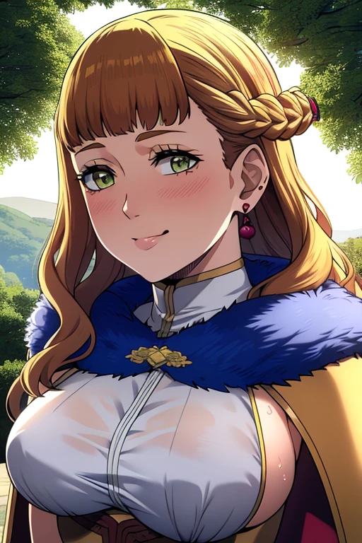 ultra realistic 8k cg, masterpiece, ((ultra detailed background, delicate pattern, intricate detail)), (highly detailed, fine details), best quality, (photorealistic:1.4),beautiful lighting, absurdres, RAW photo, film grain, ((large breasts, slim girl, close-up, portrait)), (complex detailed background, outside, nature environment, trees, sunny, blue sky, sky, cowboy shot), Mimosa, 1girl, solo, green eyes, long hair, brown hair, smile, jewelry, earrings, ((slim girl, large breasts)), blush, braid, blunt bangs, cape, fur trim,smirk,middle finger,open mouth,tongue,saliva,wet mouth