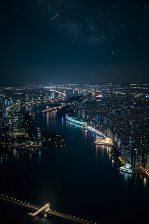 highest quality、Landscape painting、Neon lights in the city、Starry Sky、moon