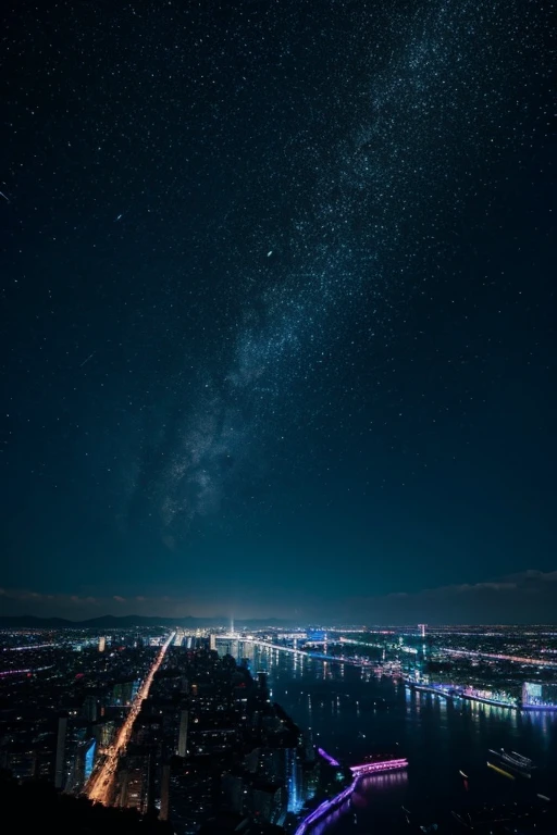 highest quality、Landscape painting、Neon lights in the city、Starry Sky、moon