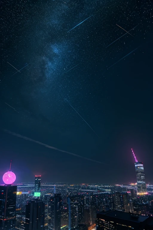 highest quality、Landscape painting、Neon lights in the city、Starry Sky、moon