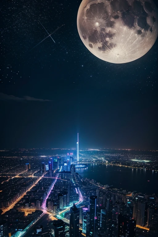 highest quality、Landscape painting、Neon lights in the city、Starry Sky、moon