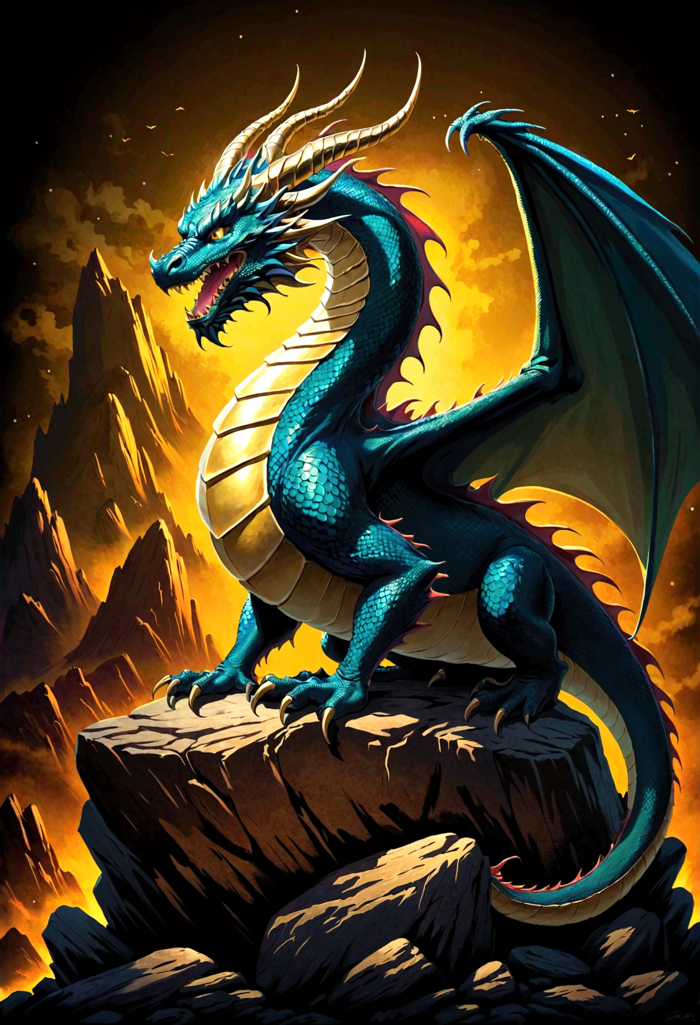 8k,Masterpiece、Dragon Graffiti Art, Dragon sitting on a rock（gold）（huge）vector, 2D illustration, label, , Dark Background, Centered,