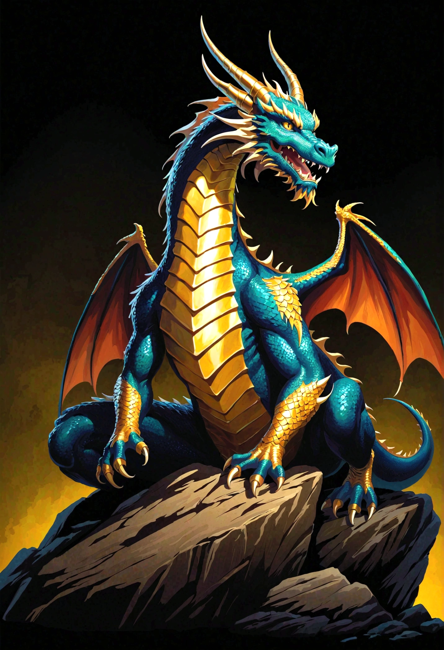 8k,Masterpiece、Dragon Graffiti Art, Dragon sitting on a rock（gold）（huge）vector, 2D illustration, label, , Dark Background, Centered,
