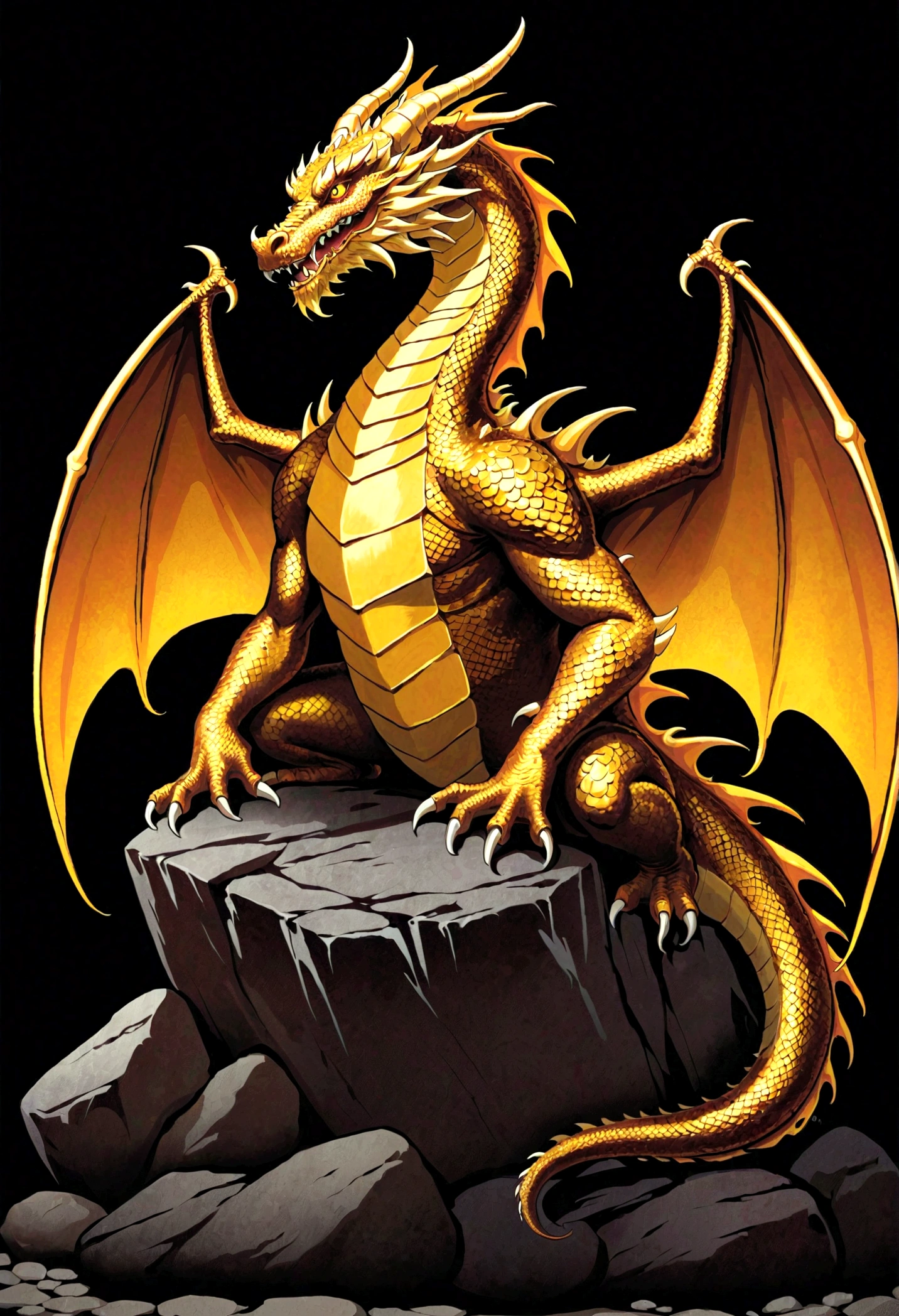 8k,Masterpiece、Dragon Graffiti Art, Dragon sitting on a rock(gold)(huge)vector, 2D illustration, label, , Dark Background, Centered,