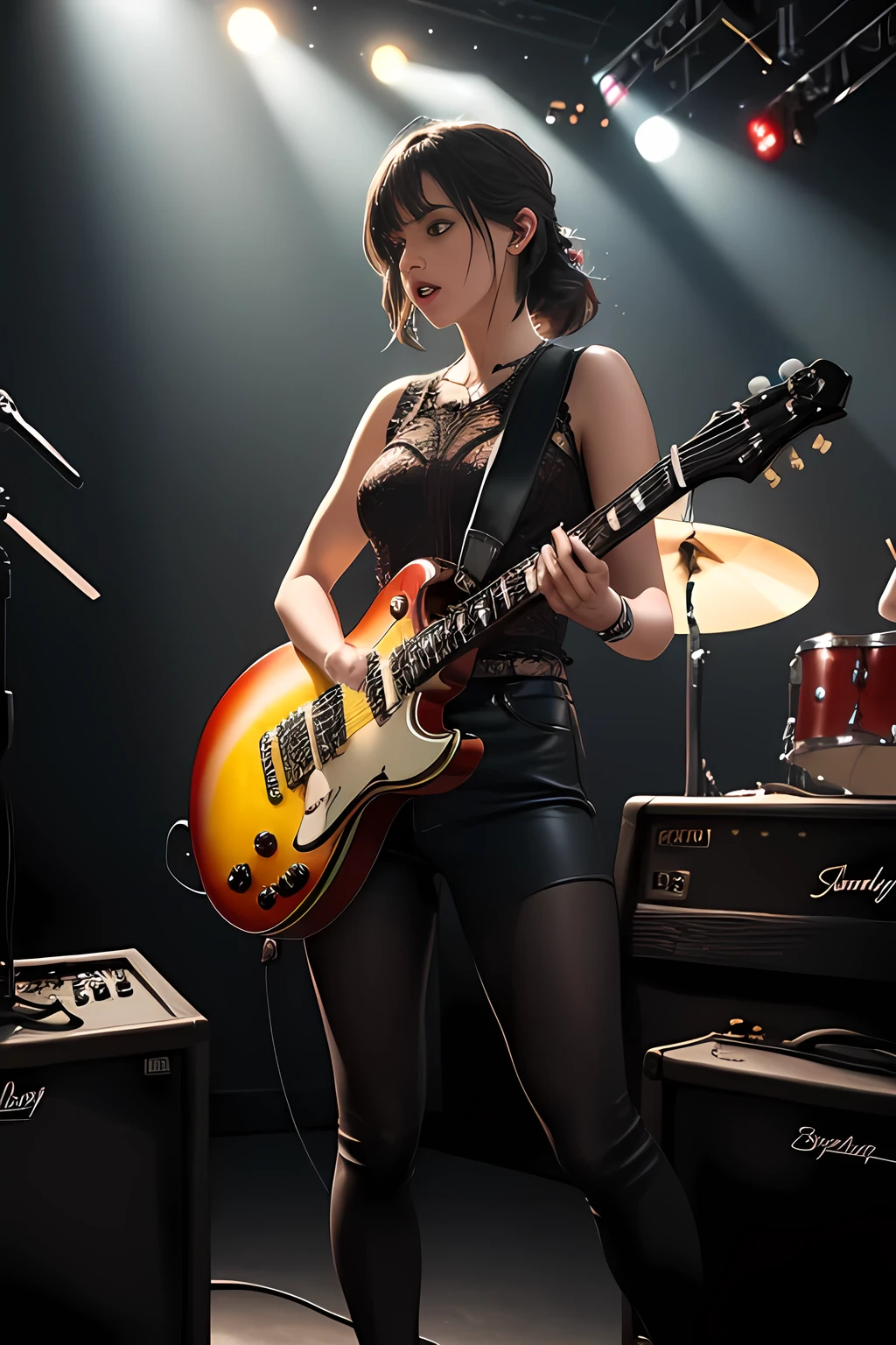 a talented guitarist playing an electric guitar, photorealistic, highly detailed, intricate, cinematic lighting, dramatic shadows, vibrant colors, musical instruments, stage performance, focus on the musician's hands and expression, crowd in the background, studio lighting, ultra-detailed, best quality, 8k, HDR