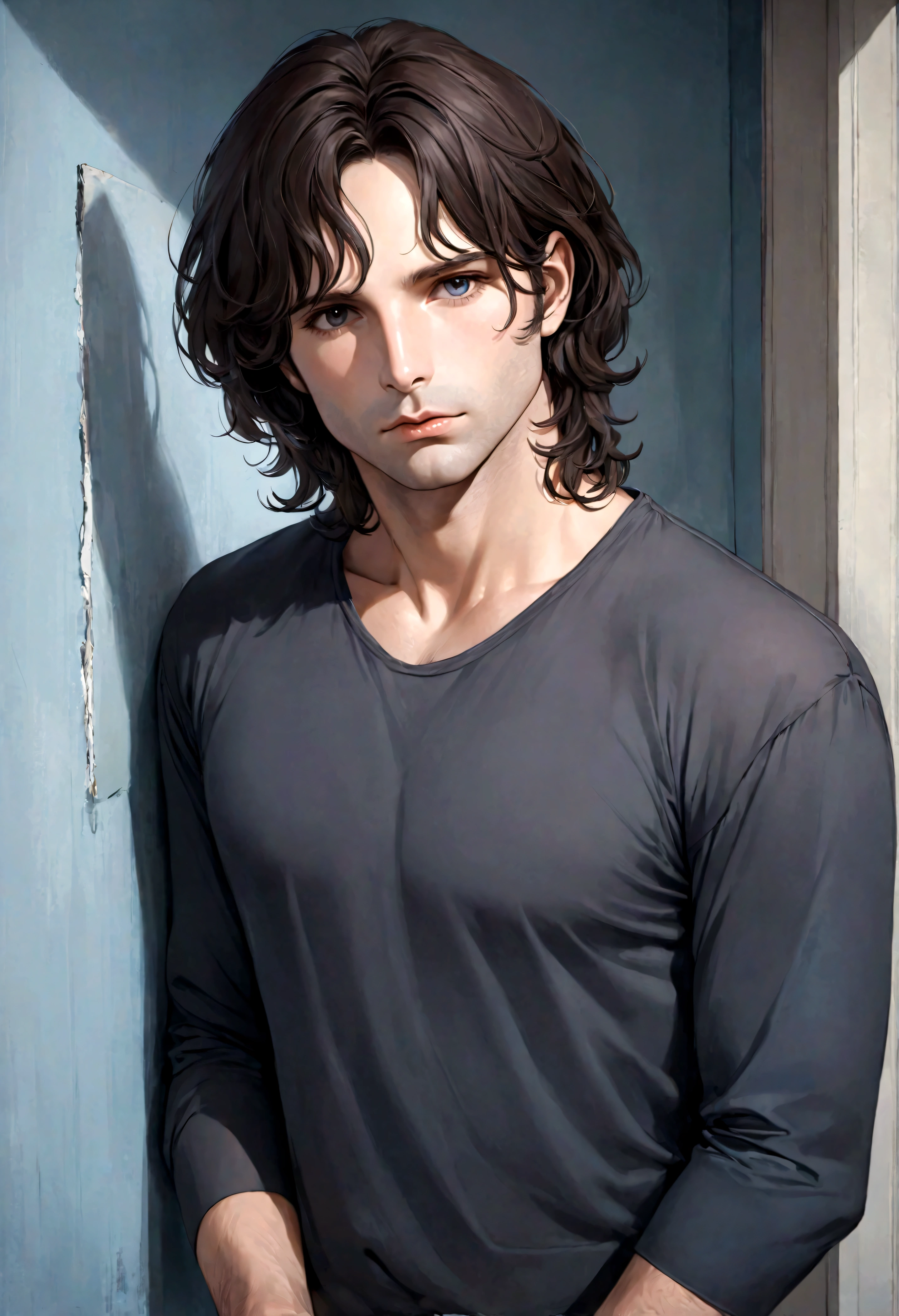 (traje de etiqueta para hombre), ), (con poca barba,) Aspecto atractivo y serio, Dark brown hair, Elegante y con estilo, Camiseta de cuerpo fuerte afeitada, Un hombre similar al actor Jim Morrison, (Imagen realista y de alta calidad), Apartamento escandinavo en el fondo con pintura de pared azul, ((La mejor calidad, 8K, obra maestra).