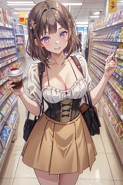 (masterpiece, Best Quality, ultra-detailed, high resolution, extremely detailed CG, official art, Professional Lighting, Perfect Anatomy), (from below), looking at viewer, cowboy shot, perfect body, 24yo beautiful 1girl, delicate beautiful face, Bright magenta eyes, cute eyes, sparkling eyes, (perky chest:1.1), (pointed chest:1.3), medium hips, glamorous body,a small face,beautiful-makeup,Makeup light,Shortcut Hair,dark brown hair, Amazing Cleavage:1.2, thin waist,Raised sexy, small breast: 1.2 ,posed cleavage:1.2, bare legs, nail_polish, Waiting friend, (at morning:1.5), tokyo, (convenience store:1.3), outdoor, (depth of field:1.3), contrapposto, (Hold a coffee in your hand:1.3), looking at viewer,(double breasted:1.0,under bust:1.0), gap between buttons,(((corset belt))),(((high waist skirt,))) seductive weak smiling,(with sparkling eyes and a contagious smile),open mouth, Looking at Viewer,