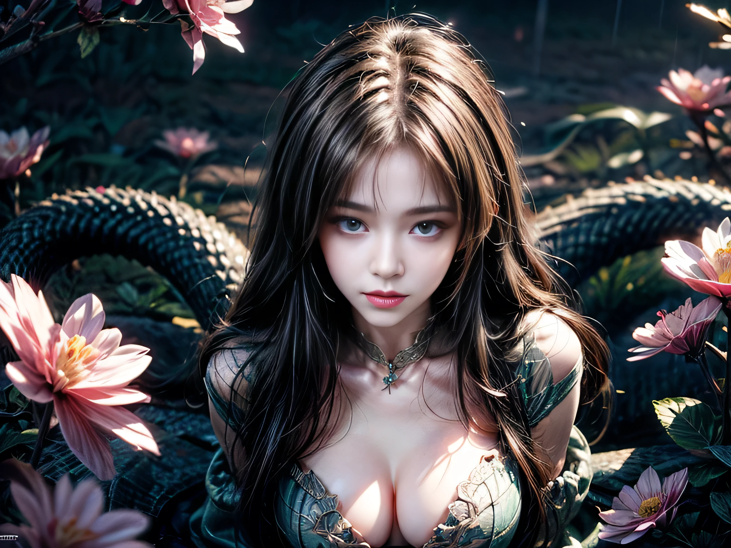 (Best Quality, 8K, Masterpiece, HDR, Soft Lighting, Picture Perfect, Realistic, Bright), White Snake Girl (1.0), Naga Girl (1.0), Snake Girl, Snake Girl with White Hair and Sexy Open Scaled pink snakecoloredbodysuit, Beautiful Fantasy Anime, Very beautiful and cute snake girl, pink flower petals rain, background blur, anime fantasy, Gouves style work, realistic: 1.37, top view, lying in pink flowers, horizontal view, (ultra high quality fantasy art), masterpiece, female model, ultra high quality design female characters, Detailed 8k anime art, realistic anime art, highest quality wallpaper illustrations, complex ultra high quality accurate female characters faces, high quality design and accurate physics (super high quality fantasy art, dark fantasy style), masterpieces, super high quality characters, anime resolution - 8K, realistic anime art, wallpapers with the highest quality illustrations, ultra-high facial detail, high-quality design and accurate physics), color, depth of field, shadows, ray tracing, high production quality. -high-quality computer wallpapers and 8K resolution, (Accurate simulation of the interaction of light and materials)], [High-quality hair detail [More about beautiful and shiny white hair]], (Beautifully detailed hands [perfect fingers [Perfect nails]]], (perfect anatomy (perfect proportions) ))) [[Full-length]], [Perfect combination of colors (Accurate imitation of the interaction of light and material)], [art that conveys the meaning of the story]