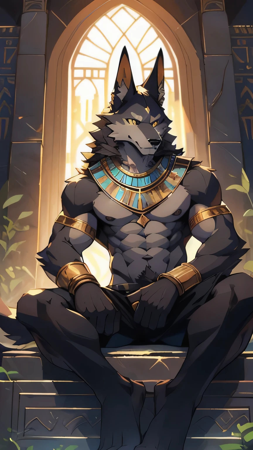 ((Anubis)),(grim Reaper),Pharaoh element artwork,high quality,((whole body)),Furry wolf,(agerfurry),Wolf Tribe,teen,Jackal,Golden Neck Armor,(Gold Bracelet),(Black head),(Black limbs),(Black back),(Black neck),((Yellow-brown chest)),((Yellow-brown abdominal muscles)),(Green pupils),Thin ears,Long ears,Pointed ears,(Cyan ear hair),Strong body,((Thin waist)),Pectoralis major,(Skinny),((Long legs)),(Bigfoot),Thick wolf tail,Mature face,Exquisite eyes,,Detailed eyes,Detailed body,Detailed legs,(Perfect hands),(Perfect feet),high resolution,No shirt,No underwear,Gold ribbon,((Slightly raised crotch)),((Mausoleum Background)),((broad daylight)),(looking directly at camera),Sitting,Kenket's Art