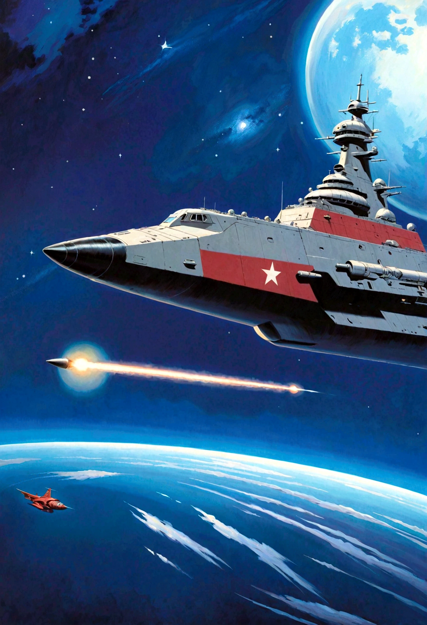 8k、Masterpiece、Space、asteroid belt、asteroid beltの奥に爆発する太陽、asteroid beltをすり抜ける大型宇宙船(Space Battleship Yamato)