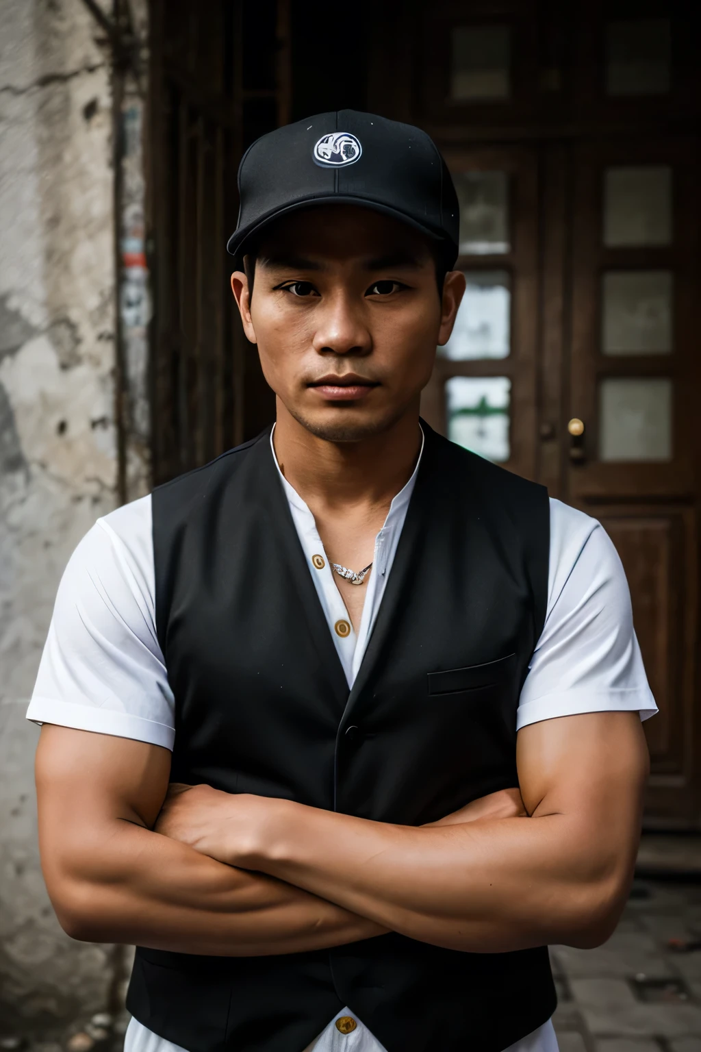 gangster, vietnam, vest, 25 years old, crossed arms, no hat