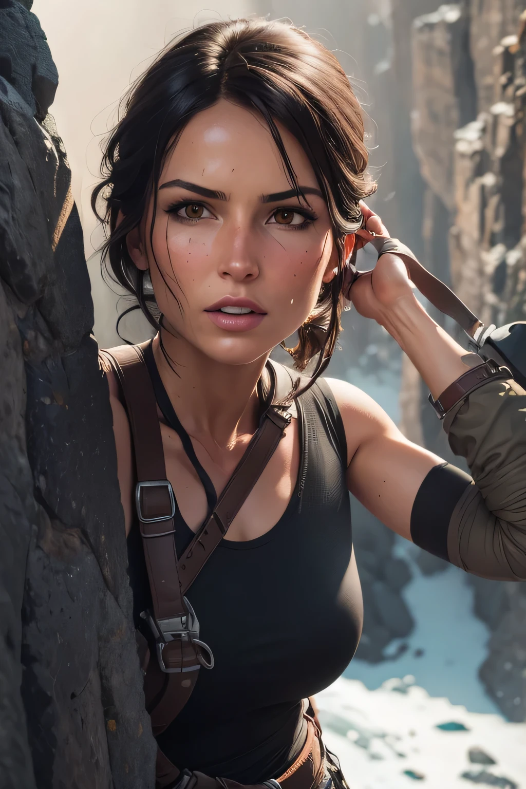 Lara Croft conducting rope rescue training,(A group of climbers:1.1),Rescue operations,action sports,Climbing,mountain peaks,Cord,challenge,highly,Courage,(Heroic rescue scene:1.2),Emergency Response Team,full body shot of, (Jaw-dropping effect), ,(Studio lighting), DLSR, sharp focus, soft lighting, masterpiece, perfect face, ultra detailed face, perfect brown eyes, beautiful face, black\ clothes