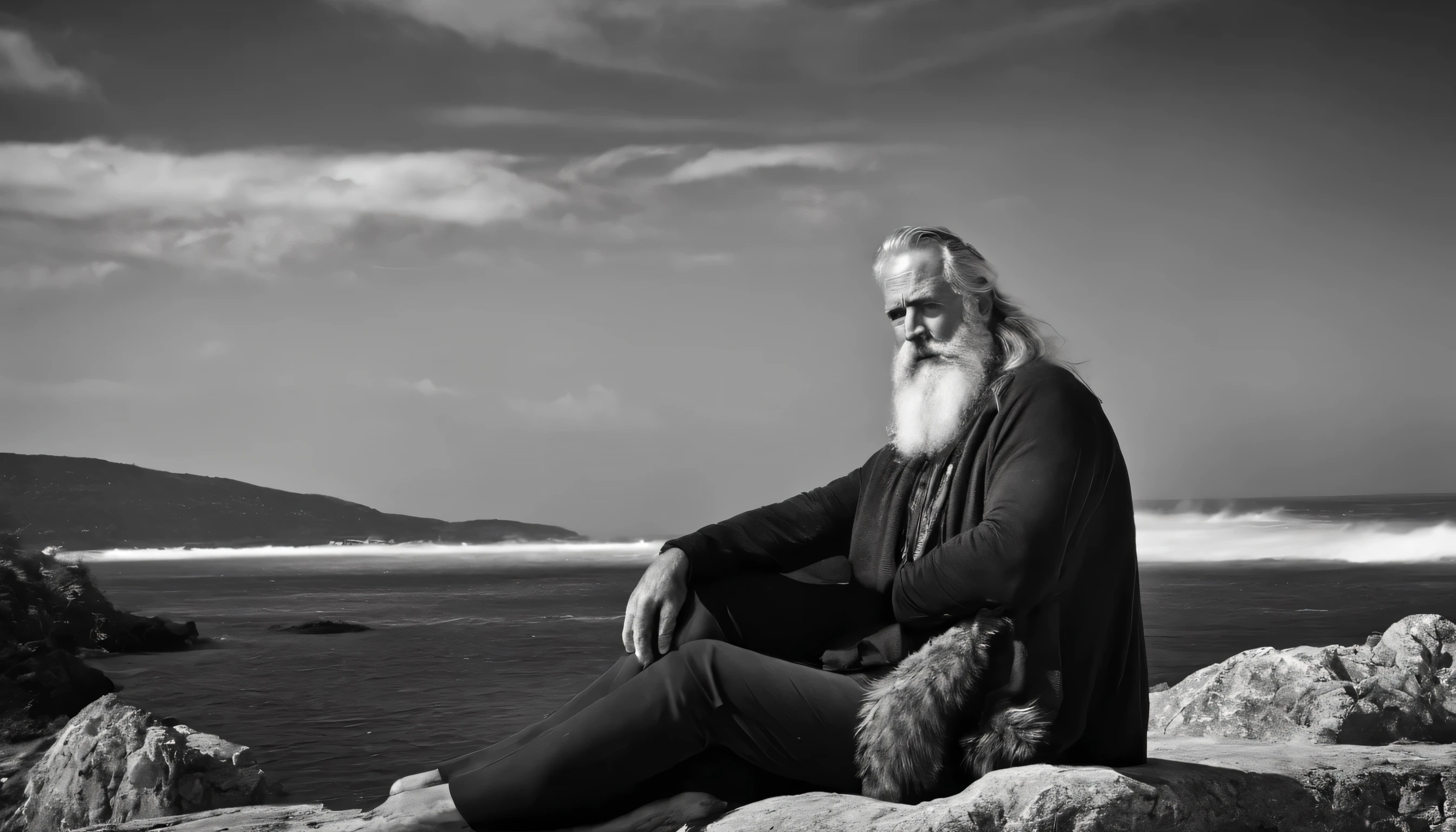 Seneca in Greece tall strong man, muscular shirtless 56 year old appearance long beard, preto e branco 