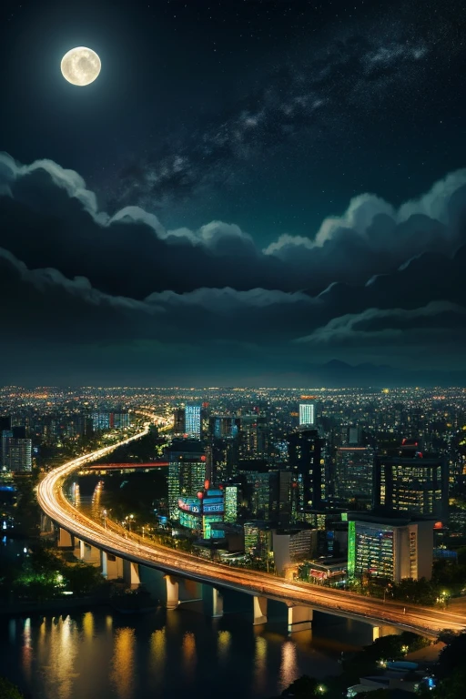 アジアの家のNight view, Vietnam, Vietnam, Hazan, moon, Lake in the foreground, quiet night, Green and Blue, Digital Illustration, Highly detailed digital art in 4K, Night view, anime art wallpaper 4k, anime art wallpaper 4k, 4K Detailed Digital Art, Natural scenery at night, Anime Art Wallpapers 8K, Background artwork, Beautiful Art UHD 4K, 4k HD illustration wallpaper