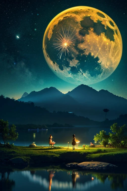 アジアの家のNight view, Vietnam, Vietnam, Hazan, moon, Lake in the foreground, quiet night, Green and Blue, Digital Illustration, Highly detailed digital art in 4K, Night view, anime art wallpaper 4k, anime art wallpaper 4k, 4K Detailed Digital Art, Natural scenery at night, Anime Art Wallpapers 8K, Background artwork, Beautiful Art UHD 4K, 4k HD illustration wallpaper