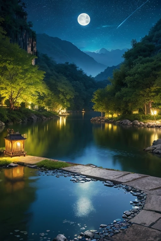 アジアの家のNight view, Vietnam, Vietnam, Hazan, moon, Lake in the foreground, quiet night, Green and Blue, Digital Illustration, Highly detailed digital art in 4K, Night view, anime art wallpaper 4k, anime art wallpaper 4k, 4K Detailed Digital Art, Natural scenery at night, Anime Art Wallpapers 8K, Background artwork, Beautiful Art UHD 4K, 4k HD illustration wallpaper