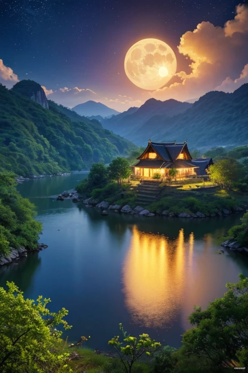 アジアの家のNight view, Vietnam, Vietnam, Hazan, moon, Lake in the foreground, quiet night, Green and Blue, Digital Illustration, Highly detailed digital art in 4K, Night view, anime art wallpaper 4k, anime art wallpaper 4k, 4K Detailed Digital Art, Natural scenery at night, Anime Art Wallpapers 8K, Background artwork, Beautiful Art UHD 4K, 4k HD illustration wallpaper