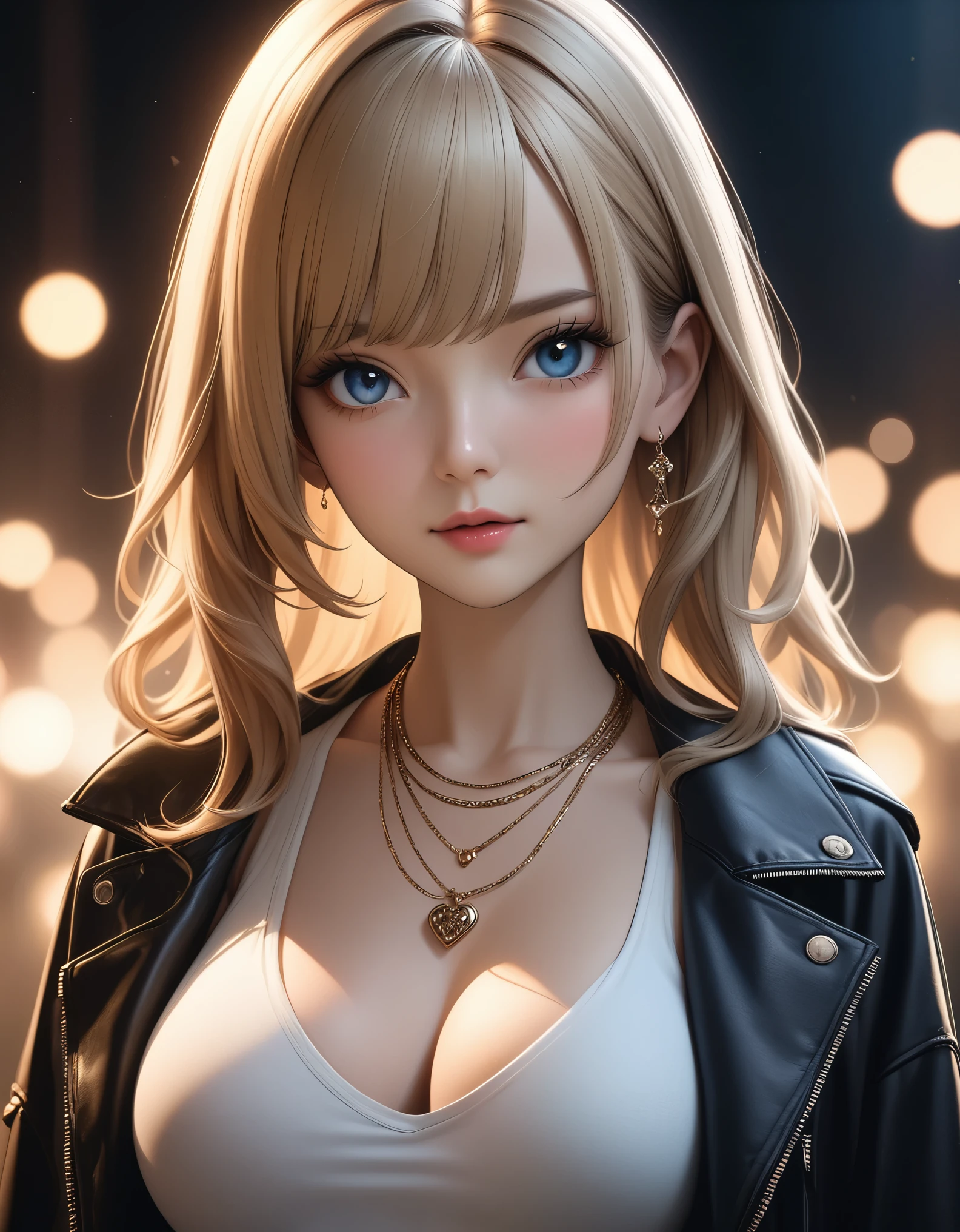 best quality, masterpiece, high resolution, A girl, blonde, Blue eyes, fashion clothing, necklace, jewelry, Pretty Face, Perfect breasts, more than_Body, Tyndall effect, lifelike, Dark Studio, Side lighting, Two-color lighting, (HD Skin:1.2), 8k Ultra HD, Soft Light, high quality, Volumetric Lighting, frank, photography, high resolution, 8k, Bokeh, short depth of field,,