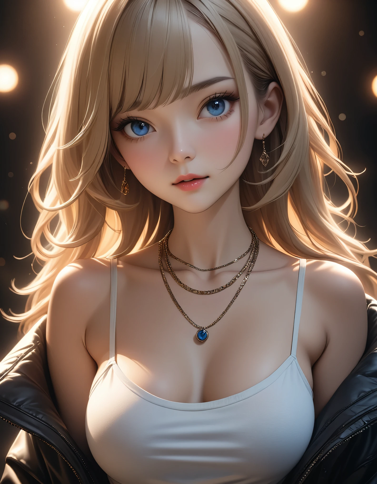 best quality, masterpiece, high resolution, A girl, blonde, Blue eyes, fashion clothing, necklace, jewelry, Pretty Face, Perfect breasts, more than_Body, Tyndall effect, lifelike, Dark Studio, Side lighting, Two-color lighting, (HD Skin:1.2), 8k Ultra HD, Soft Light, high quality, Volumetric Lighting, frank, photography, high resolution, 8k, Bokeh, short depth of field,,