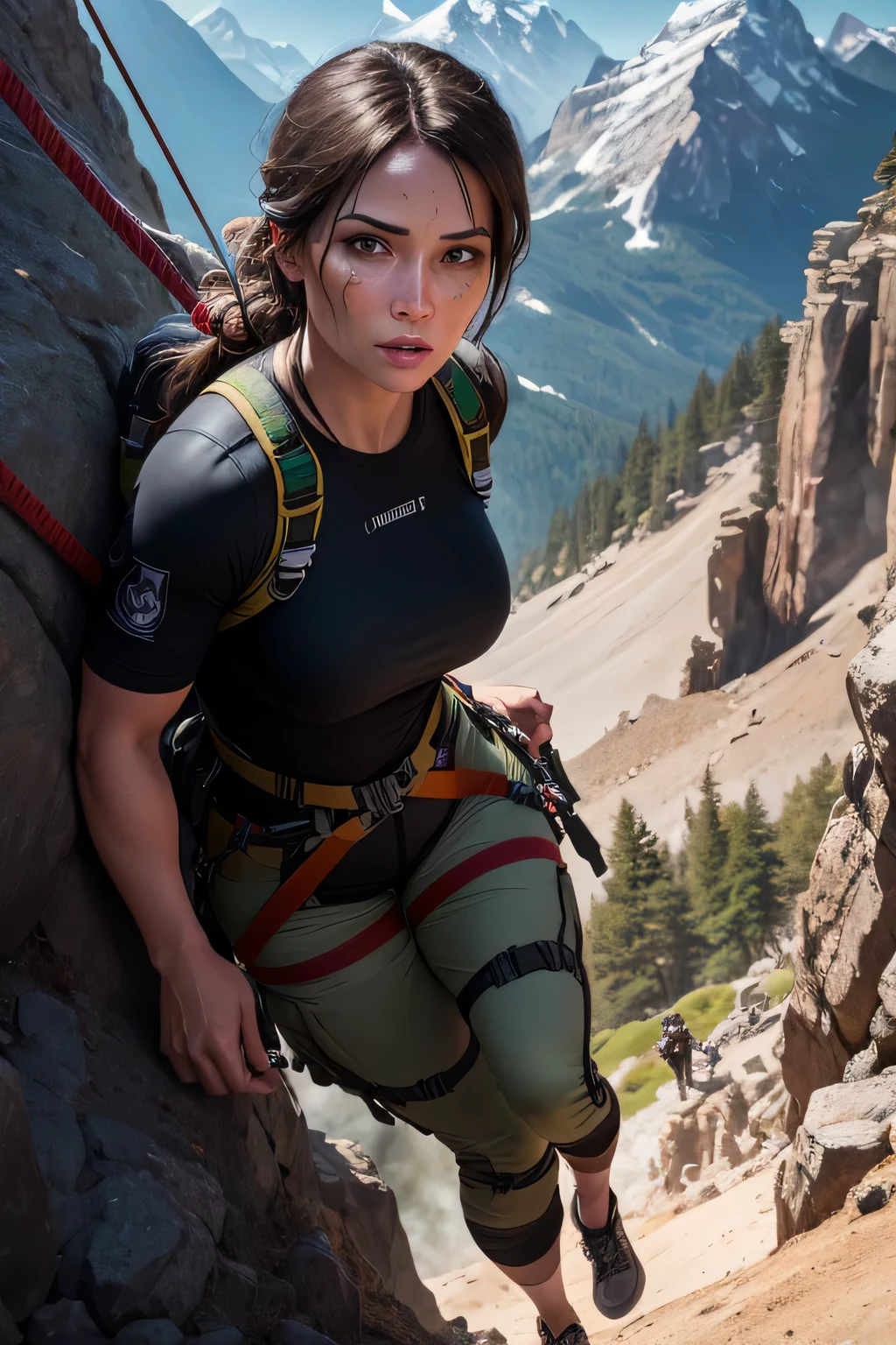 Lara Croft conducting rope rescue training，(A group of climbers:1.1),Rescue operations,action sports,Climbing,mountain peaks,Cord,challenge,highly,Courage,(Heroic rescue scene:1.2),Emergency Response Team,full body shot of, (Jaw-dropping effect), ,(Studio lighting), DLSR, sharp focus, soft lighting, masterpiece, perfect face, ultra detailed face, perfect brown eyes, beautiful face, black clothes