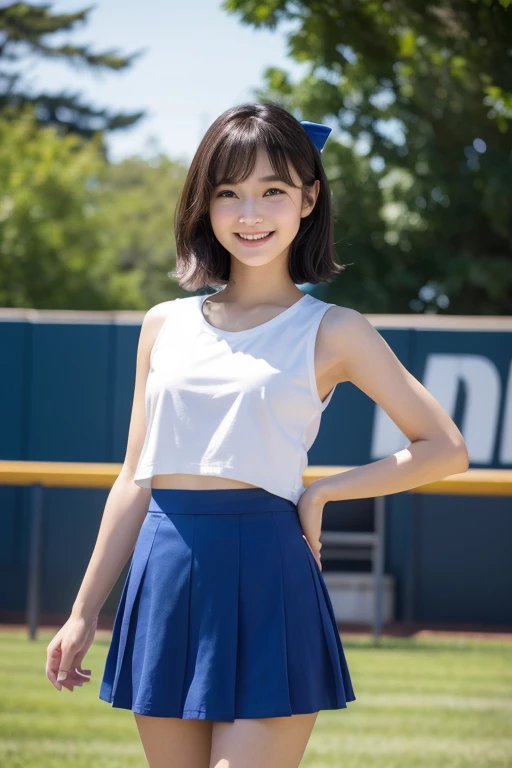 (8k、nfsw、highest quality、masterpiece:1.2)、(Realistic、Realistic:1.37)、Jump、Professional baseball、Sleeveless、mini skirt、Very detailed、超A high resolution、1 girl、Cheerleader、Beautifully detailed face、Laughter、narrow、(Slim waist) :1.3)、Beautiful and detailed skin、Skin Texture、Floating Hair、Professional Lighting、Human whole body、Shortcuts、Bob Hair、E Cup、smile、24-years-old、Blue Ribbon、Baby Face、子供っぽいsmile、Sappin''''、Moisturizing lips、Pale pink lips、Upper body naked、Lace green underwear、Micro size underwear、Umbilical cord prolapse、D cup breasts、Cleavage