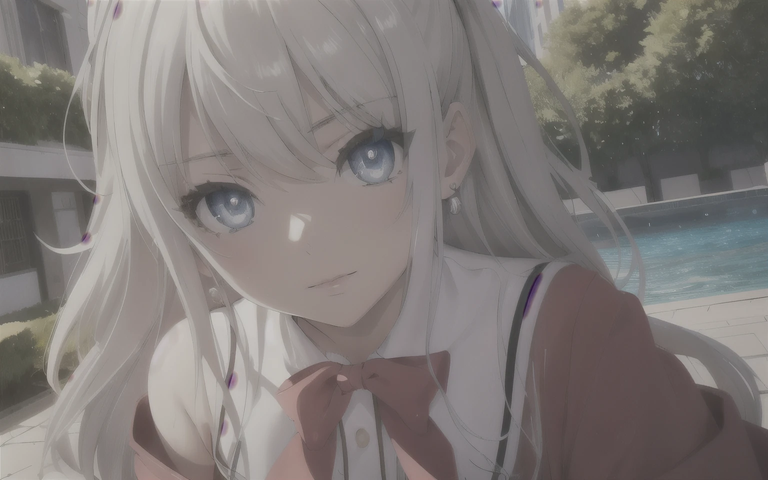 Nao Tomori/(Charlotte/), anime style, 1girl Focused, (sinking at waterpool)!!!, (watery skin)!!, (watery clothes)!!, watery hair, (very high close up face Photography)!!, UHD, masterpiece, high quality, high details, best quality, highres, HD, 4K, depth of field, light over face, symmetry, Hasselblad, an extremely delicate and beautiful, extremely detailed, Amazing, finely detail, masterpiece, best quality, official art, Highres, incredibly Highres, huge filesize, ultra-detailed, highres, extremely detailed, beautiful detailed girl,  female face focus, mature female, (sexy Asian female:1.45), adult, ultra white skin, delicate face, delicate skin, realistic skin, make over face, (looking at viewer)!!, (curvy hair with double tied up)!!, (bare shoulders)!!, blush, closed mouth, seductive smile, fresh lips, detached sleeves, earrings, fingernails, hair between eyes, White hair bangs, (ultra shine white hair)!!, very long hair, detailed realistic hair, (wear school uniform)!!!,  nontraditional Nao Tomori, (sharp eyes)!!, (eye's pupils colored by Blue:1.25)!!, (homochromatic eyes)!!, (exposed eyes)!!, (1girl very high Close up face photography) Nao Tomori/(Charlotte/), (correct anatomically)!!