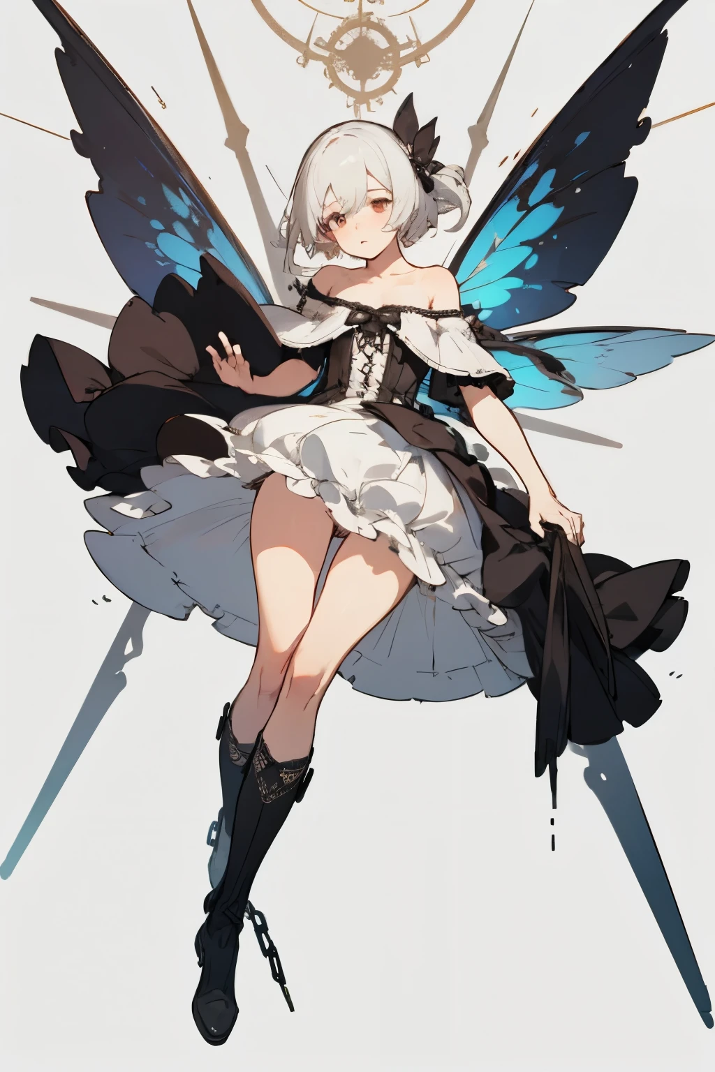 ((best quality)), ((masterpiece)), (detailed), 1girl, off-shoulder, blank white background, plain background, white background, red and white clothing, Bloodborne inspired, occult aesthetic, occult, detailed and intricate steampunk and detailed gothic, NSFW, Very dramatic and cinematic lighting, cosmic horror, grim-dark, side-lighting, perfect face, NSFW, Fluttering lace flared long knee length dress with frilly petticoats, knee length dress, pleated petticoats, ta dress, petticoats gothic lolicomplex lace boots, side-lighting, gothic lolita aetic, wielding a mighty sword with mechanical components, various different types of insect wings, NSFW, full body, whole body, body, plain background, white background, blank background, no background, white background NSFW, chains, full body, whole body, head-to-toe NSFW