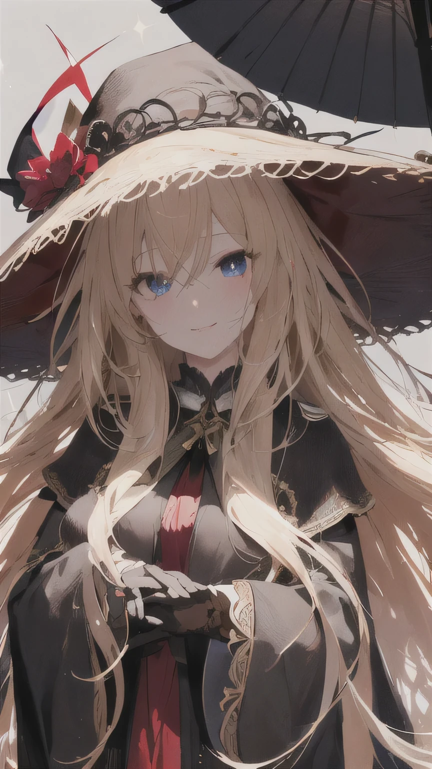 ((best quality)), ((masterpiece)), (detailed face and eyes), detailed hands and fingers, perfect face, accurate, textured skin, high details, blonde hair, gradient hair, hair between eyes, hair over shoulder, big hair, hair over eyes, hair flaps, mole under eye, tareme, smile, Expressionism, anime, sparkle, Pastel art, wizard, wizard hat, black cloak, red ribbon, Magic that emits light, Torrent of Light, wide shot, vanishing point