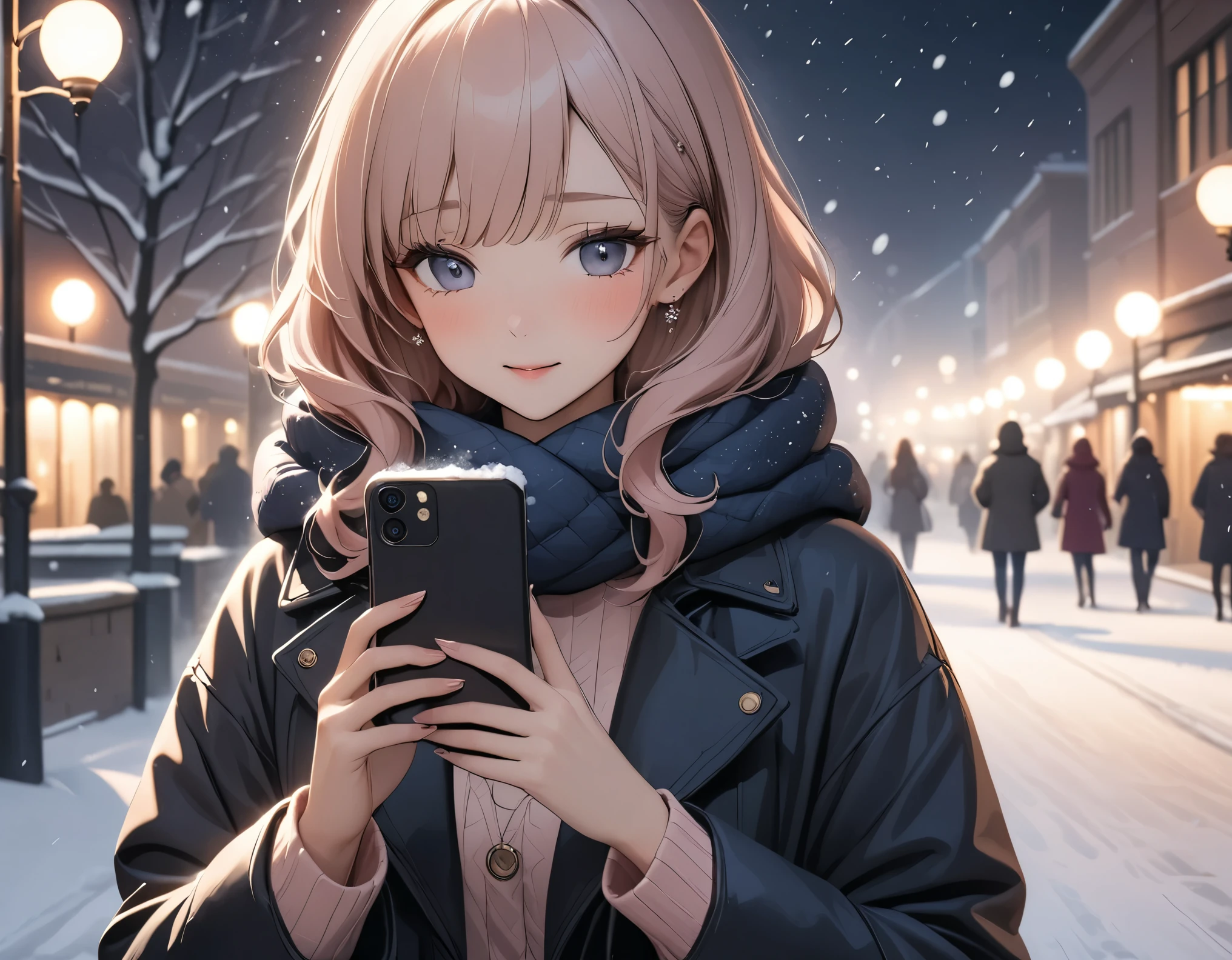 Beautiful woman, street lights at night, Fiddling with smartphones, Hot Pants, pink, snow, snowing, Passersby, night gradient, fine details, Subtle tones, There is a sense of tranquility in the picture.