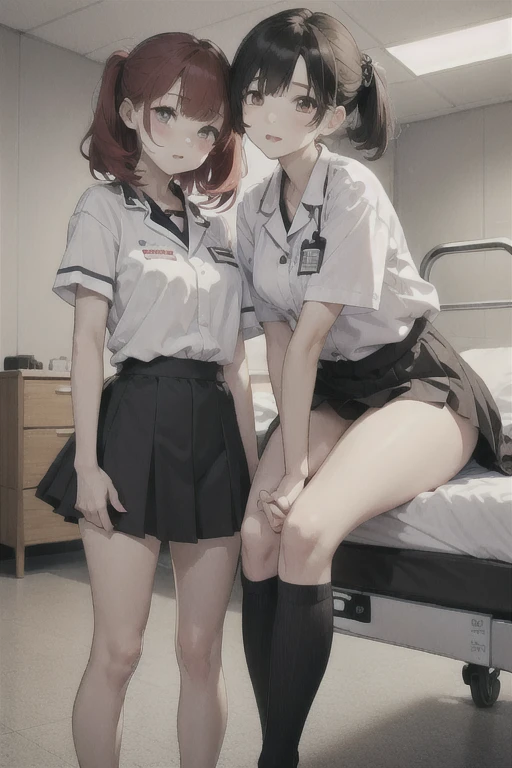 2 girls, Redhead, Updo, Facial hair stripes, Red eyes, mascara,  Sagging under the eyes、feet,  Impact, 8k, masterpiece,Thighs,color、Lift up your skirt、(Skirt flip:1)、pants、erotic、sexy、Thighs、Lesbian、Are sleeping、裸feet、Health Room、bed、病院のbed、Hospital room、We embraced