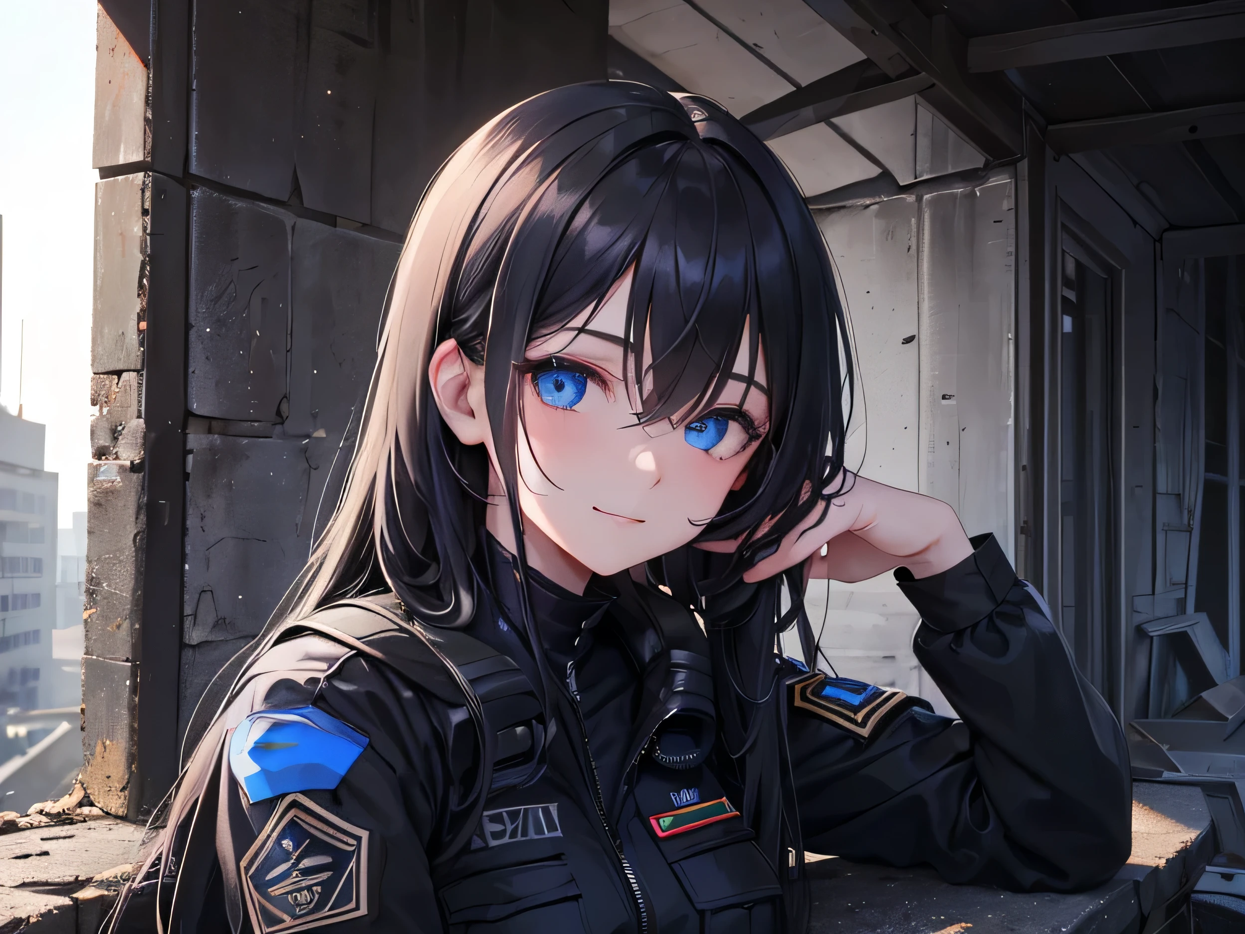 a detailed close up person, ((8k)), ((face detailed)), ((bust up shot)) a long black-haired and blue eyes ((female)) 21 aged ((wearing black army suit)) with little smile expression sitting in the roof of old building, looking at the point view but her eyes are covered by his hair, sunlight shines in from the side darken the other side