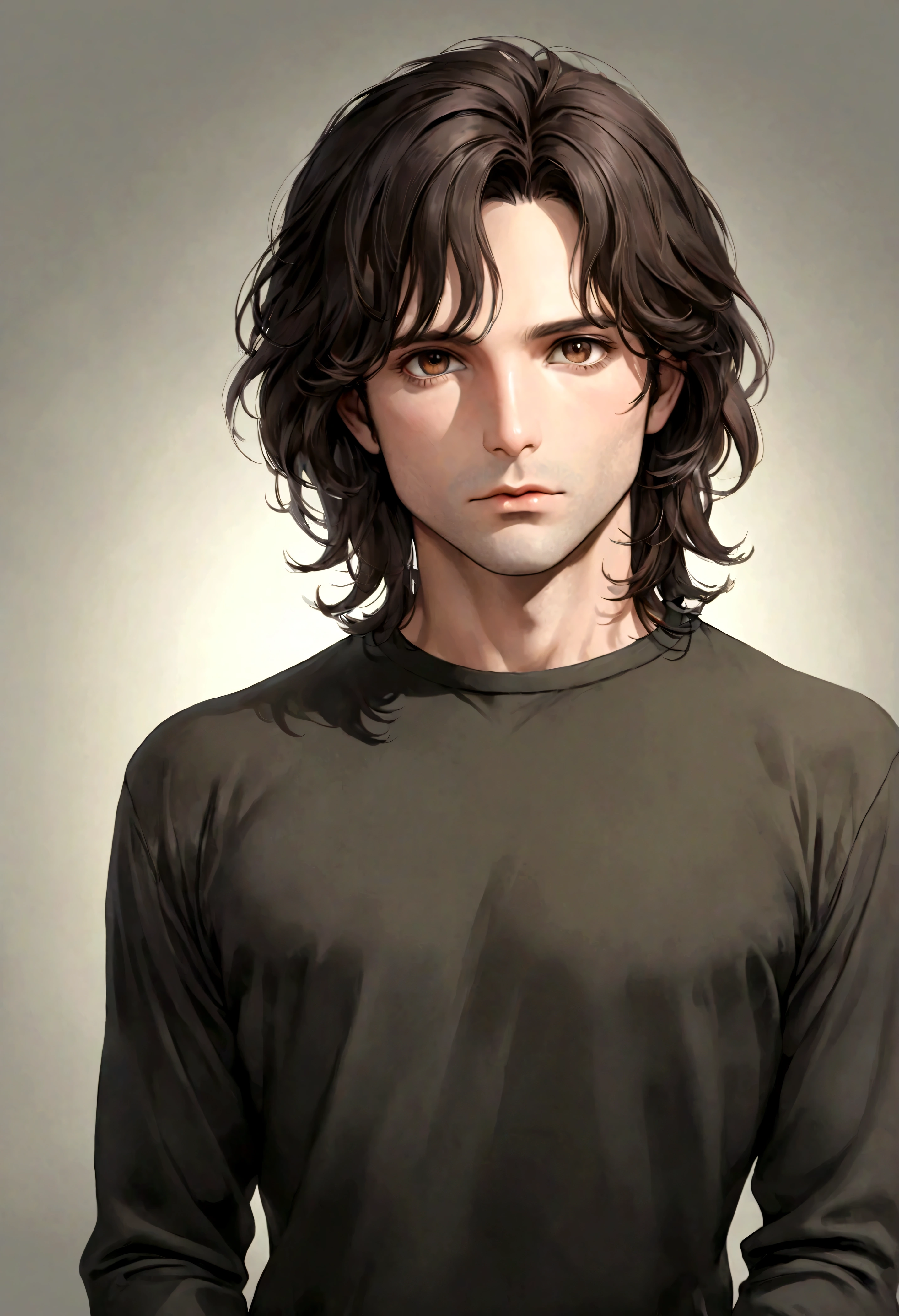 (traje de etiqueta para hombre), ), (con poca barba,) (ojos color cafe claro), Aspecto atractivo y serio, Dark brown hair, Elegante y con estilo, Camiseta de cuerpo fuerte afeitada, Un hombre similar al actor Jim Morrison, (Imagen realista y de alta calidad), Apartamento escandinavo en el fondo simple de un cuarto, ((La mejor calidad, 8K, obra maestra).((pose dinamica))