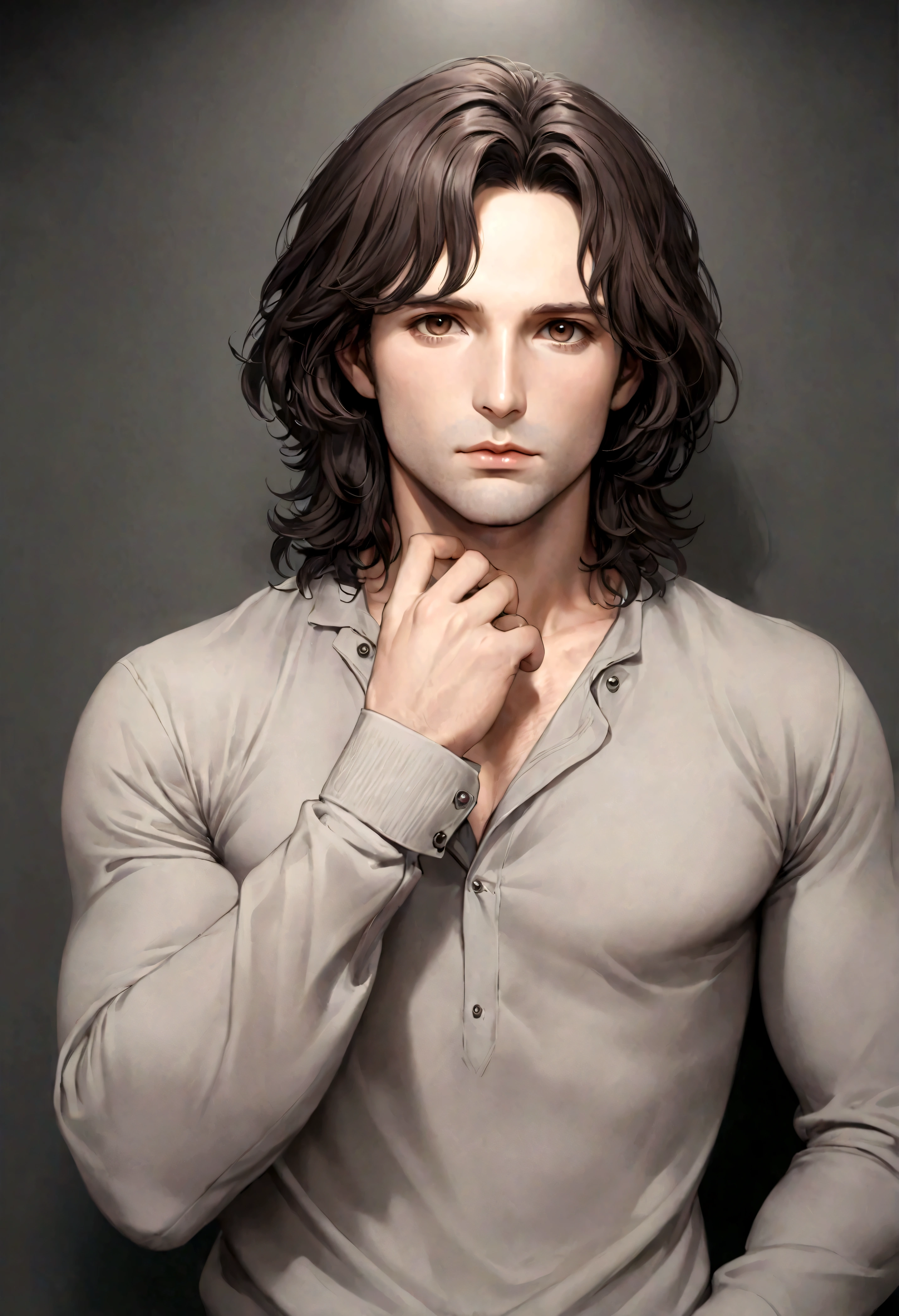 (traje de etiqueta para hombre), ), (con poca barba,) (ojos color cafe claro), Aspecto atractivo y serio, Dark brown hair, Elegante y con estilo, Camiseta de cuerpo fuerte afeitada, Un hombre similar al actor Jim Morrison, (Imagen realista y de alta calidad), Apartamento escandinavo en el fondo simple de un cuarto, ((La mejor calidad, 8K, obra maestra).((pose dinamica))