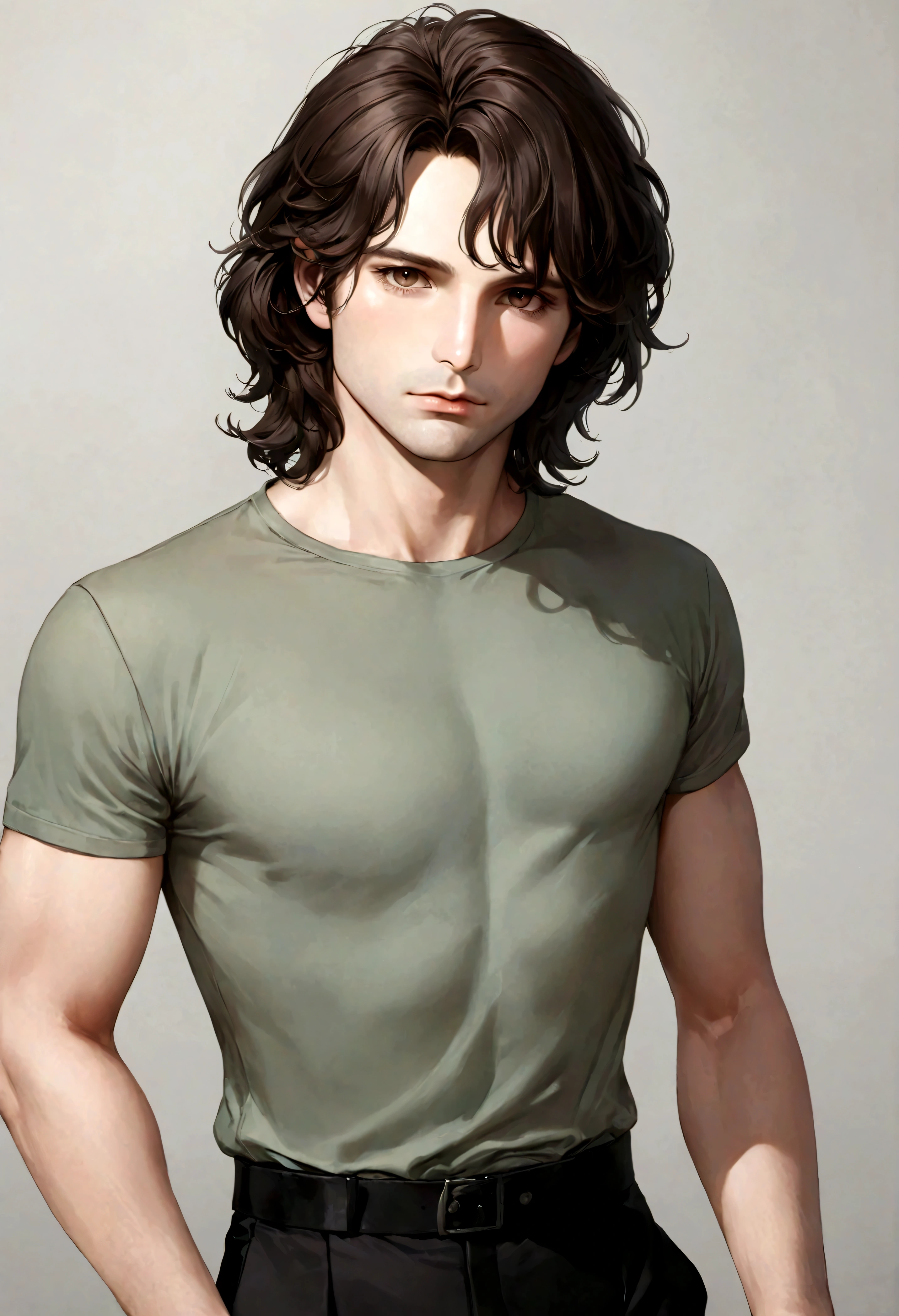 (traje de etiqueta para hombre), ), (con poca barba,) (ojos color cafe claro), Aspecto atractivo y serio, Dark brown hair, Elegante y con estilo, Camiseta de cuerpo fuerte afeitada, Un hombre similar al actor Jim Morrison, (Imagen realista y de alta calidad), Apartamento escandinavo en el fondo simple de un cuarto, ((La mejor calidad, 8K, obra maestra).((pose dinamica))
