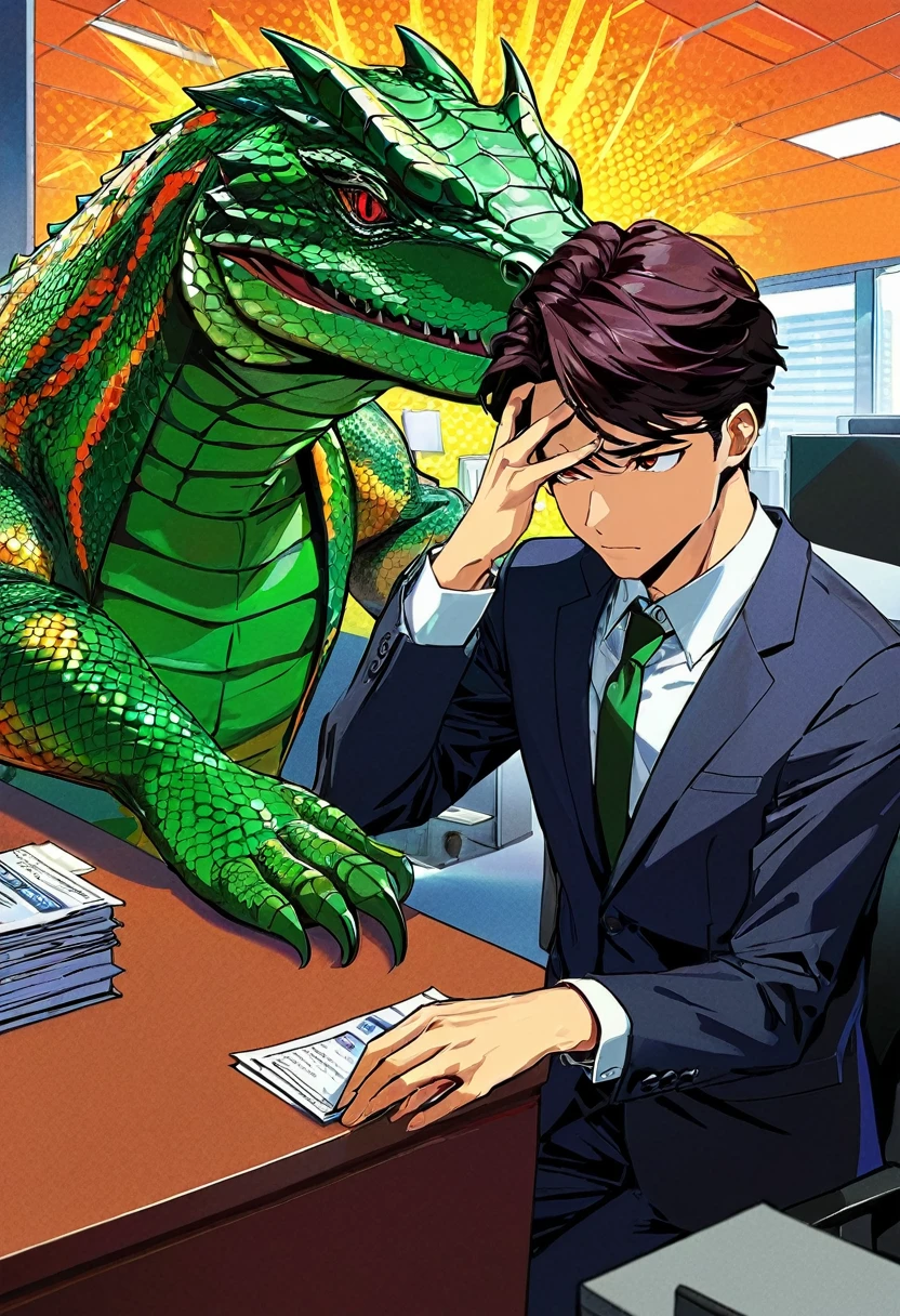 popart,(best quality, masterpiece, ultra highres, ultra-detailed), A reptilian man busy working at the japanese bank office,A human colleague talking in a friendly manner to a reptilian,Troubled face,