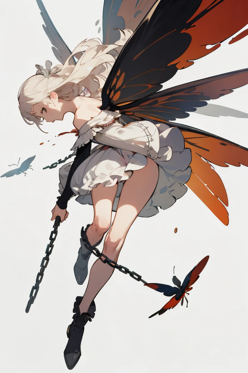 ((best quality)), ((masterpiece)), (detailed), 1girl, off-shoulder, blank white background, plain background, white background, red and white clothing, Bloodborne inspired, occult aesthetic, occult, detailed and intricate steampunk and detailed gothic, NSFW, Very dramatic and cinematic lighting, cosmic horror, grim-dark, side-lighting, perfect face, NSFW, Fluttering lace flared long knee length dress with frilly petticoats, knee length dress, pleated petticoats, ta dress, petticoats gothic lolicomplex lace boots, side-lighting, gothic lolita aetic, wielding a mighty sword with mechanical components, various different types of insect wings, NSFW, full body, whole body, body, plain background, white background, blank background, no background, white background NSFW, chains, full body, whole body, head-to-toe NSFW