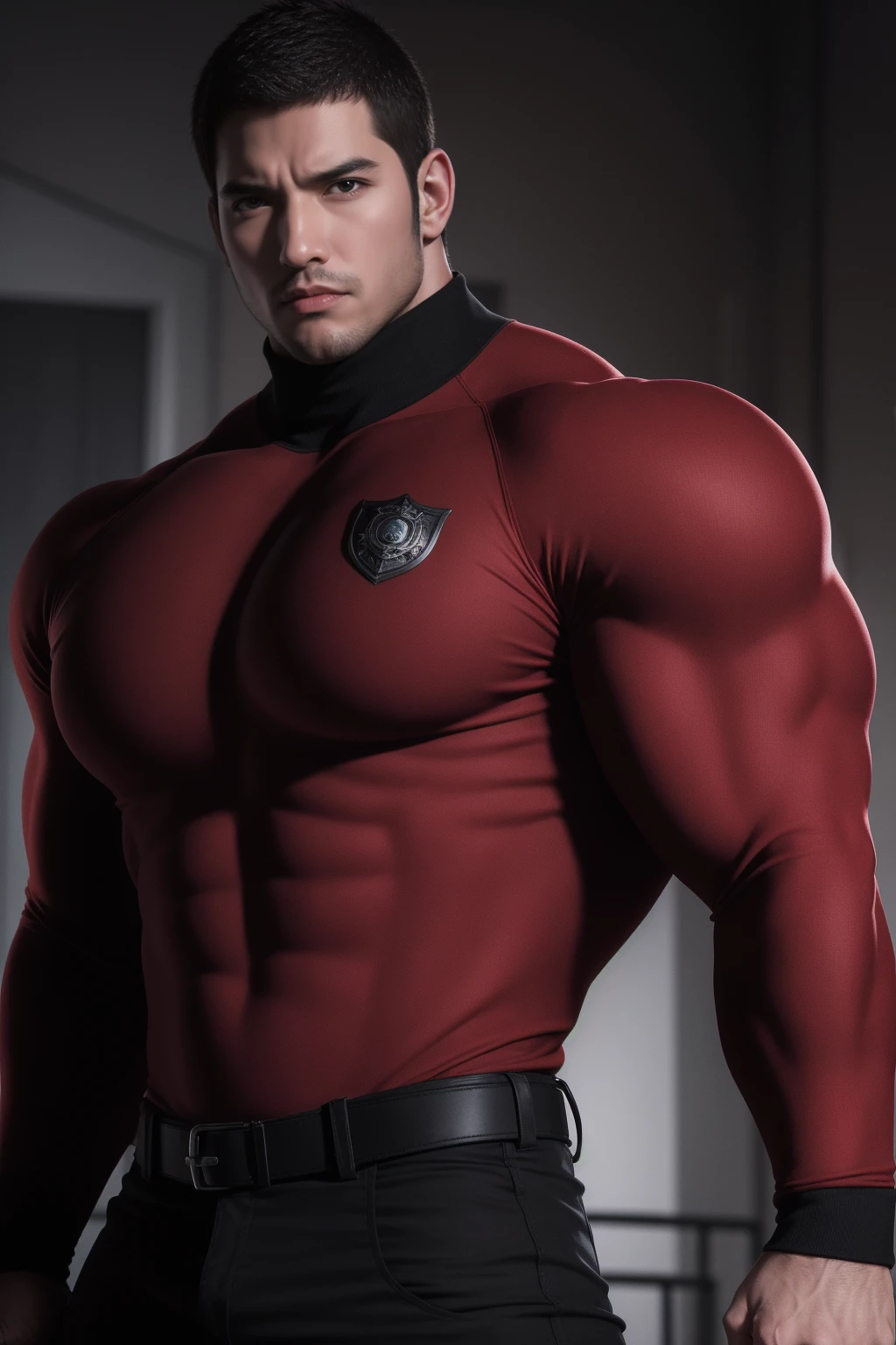 Super muscular man,  Open mouth and scream，Buzz Cut，In a luxurious and noble mansion, Wear a long-sleeved red and black collar tights, Thickened warm elastic texture，The expression is arrogant, High collar long sleeve red and black turtleneck tights, very tight, Regular symmetrical pattern, Highlight muscles, Police uniform pants, character concept（Resident Evil - Chris Redfield, Chris Redfield）A proud expression, Deep and charming eyes, Heroic male pose, tall Burly, muscular！muscular thighs, tough guy, perfect facial features, High, Burly, Heqiang, Super polished and cool, High Resolution Committee, Charismatic, The sun shines through the customers