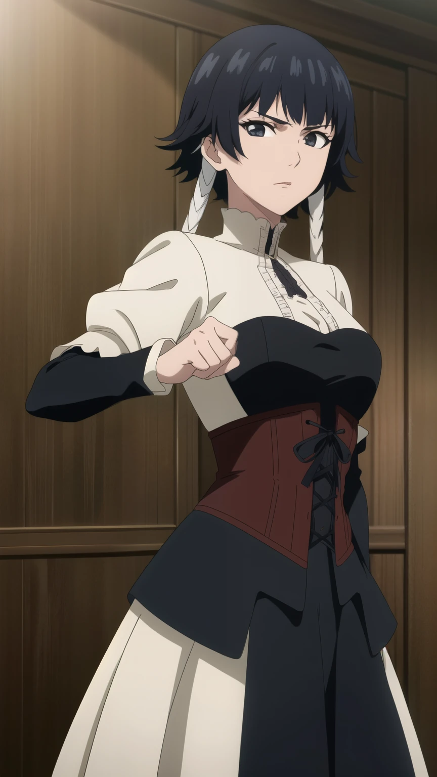 soifon, soifon, short hair, bangs, black hair, short hair with long locks, (black eyes:1.2), small breasts,(slender:1.2),Glare, (dhevictorian, victorian dress, corset, embroidery,:1.2), 
dynamic pose, dynamic angles, looking at viewer,
 (masterpiece best quality, 8k:1.2),(anime), high resolution, unity 8k wallpaper, (beautiful detailed eyes:1.2), extremely detailed face, perfect lighting, extremely detailed CG, (perfect hands, perfect ???????),
