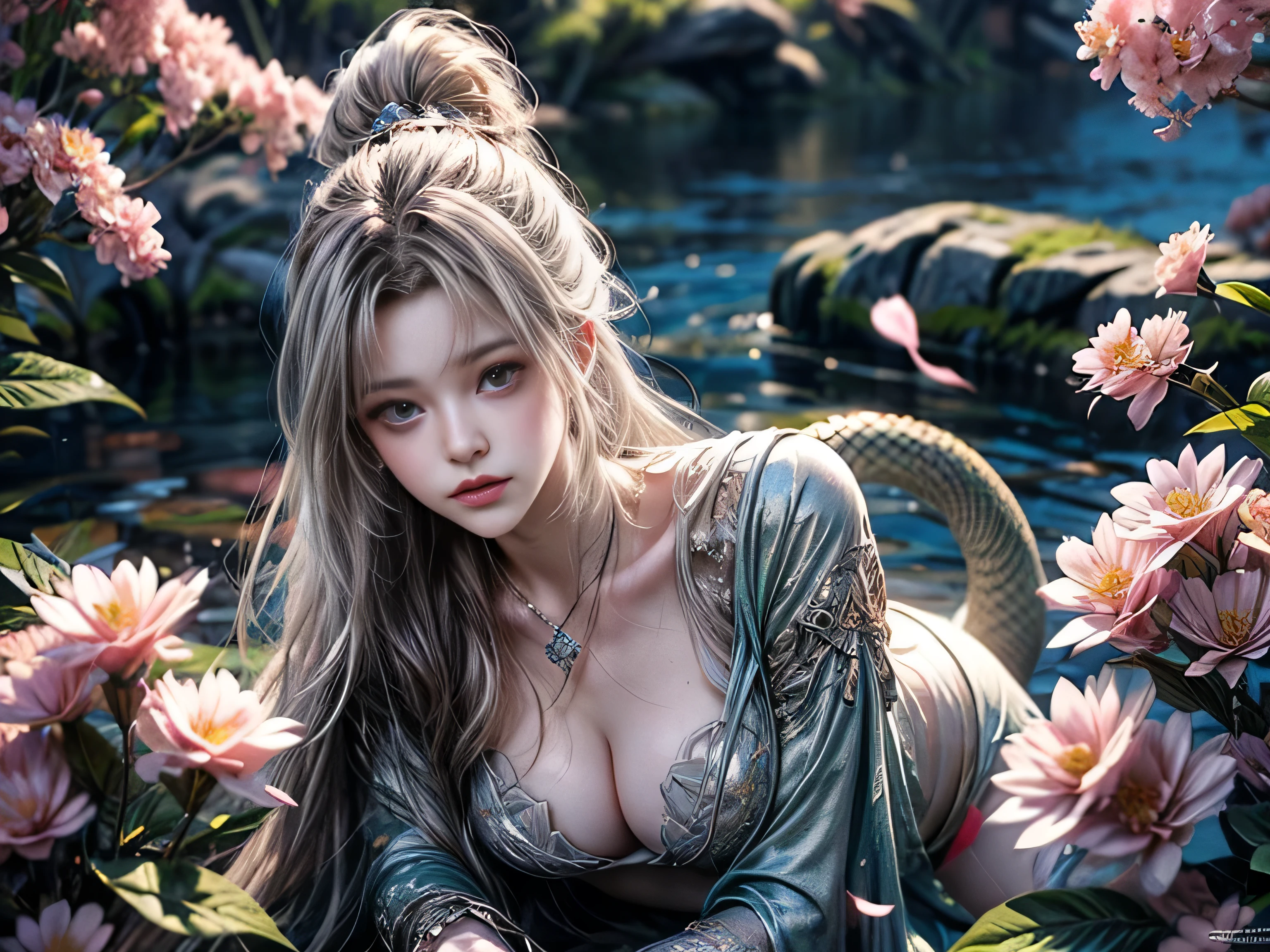 (Best Quality, 8K, Masterpiece, HDR, Soft Lighting, Picture Perfect, Realistic, Bright), White Snake Girl (1.0), Naga Girl (1.0), Snake Girl, Snake Girl with White Hair and Sexy Open Scaled snakecoloredbodysuit, Beautiful Fantasy Anime, Very beautiful and cute snake girl, pink flower petals rain, background blur, anime fantasy, Gouves style work, realistic: 1.37, top view, lying in pink flowers, horizontal view, (ultra high quality fantasy art), masterpiece, female model, ultra high quality design female characters, Detailed 8k anime art, realistic anime art, highest quality wallpaper illustrations, complex ultra high quality accurate female characters faces, high quality design and accurate physics (super high quality fantasy art, dark fantasy style), masterpieces, super high quality characters, anime resolution - 8K, realistic anime art, wallpapers with the highest quality illustrations, ultra-high facial detail, high-quality design and accurate physics), color, depth of field, shadows, ray tracing, high production quality. -high-quality computer wallpapers and 8K resolution, (Accurate simulation of the interaction of light and materials)], [High-quality hair detail [More about beautiful and shiny white hair]], (Beautifully detailed hands [perfect fingers [Perfect nails]]], (perfect anatomy (perfect proportions) ))) [[Full-length]], [Perfect combination of colors (Accurate imitation of the interaction of light and material)], [art that conveys the meaning of the story]