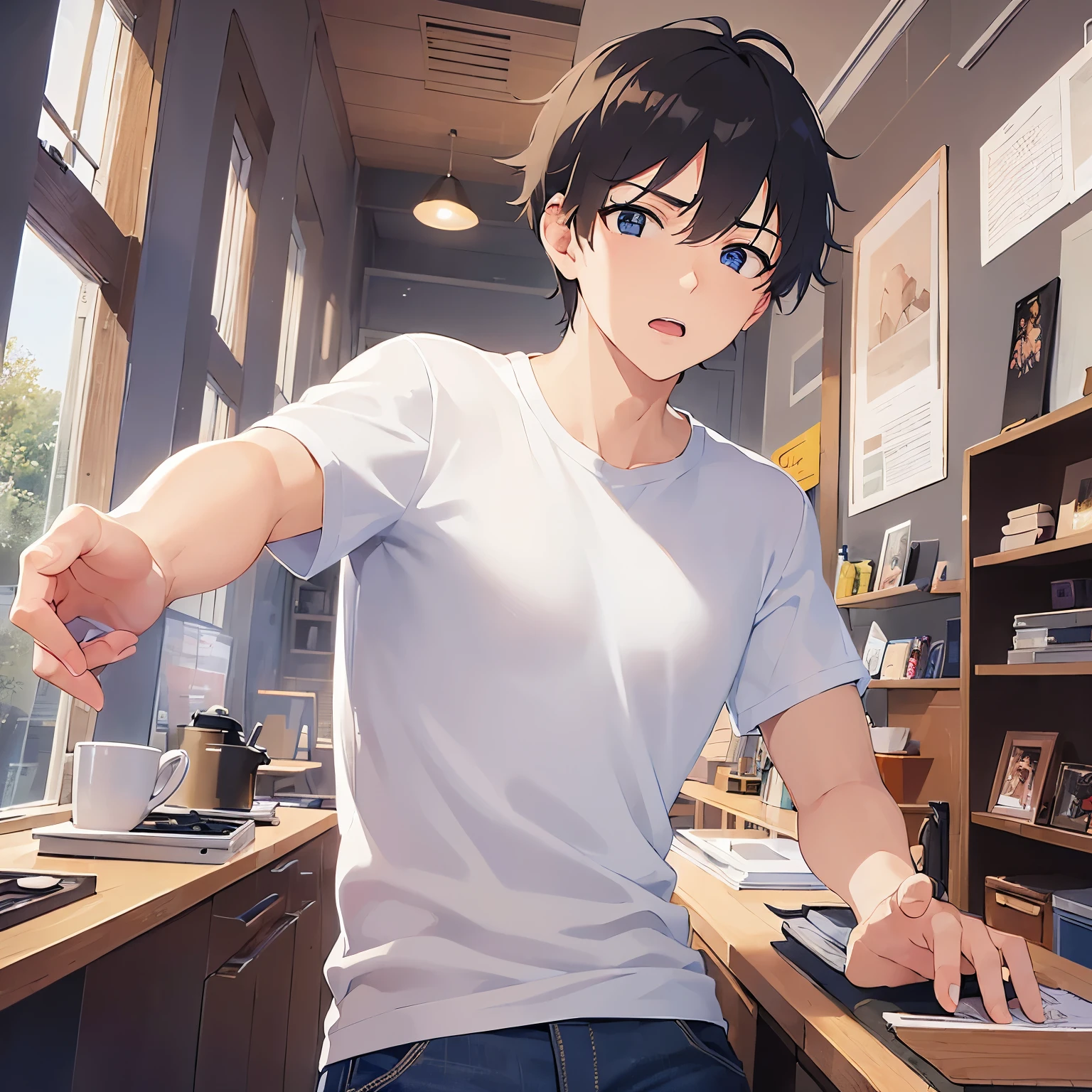 Detailed CG,Ultra-fine illustrations,masterpiece,highest quality,Upper body,shiny skin,BREAK(28-year-old male:1.5)and(Black Short Hair)and(blue eyes)BREAK,(White T-shirt:1.5)and(jeans),(Surprised face:1.5),(Placing hand on head:1.5)and(Biologically correct5Finger)and(missing fingers),The background is the interior of a coffee shop.,alone