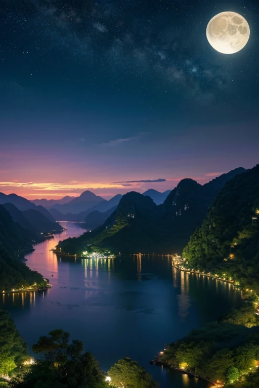 アジアの家のNight view, Vietnam, Vietnam, Hazan, moon, Lake in the foreground, quiet night, Green and Blue, Digital Illustration, Highly detailed digital art in 4K, Night view, anime art wallpaper 4k, anime art wallpaper 4k, 4K Detailed Digital Art, Natural scenery at night, Anime Art Wallpapers 8K, Background artwork, Beautiful Art UHD 4K, 4k HD illustration wallpaper